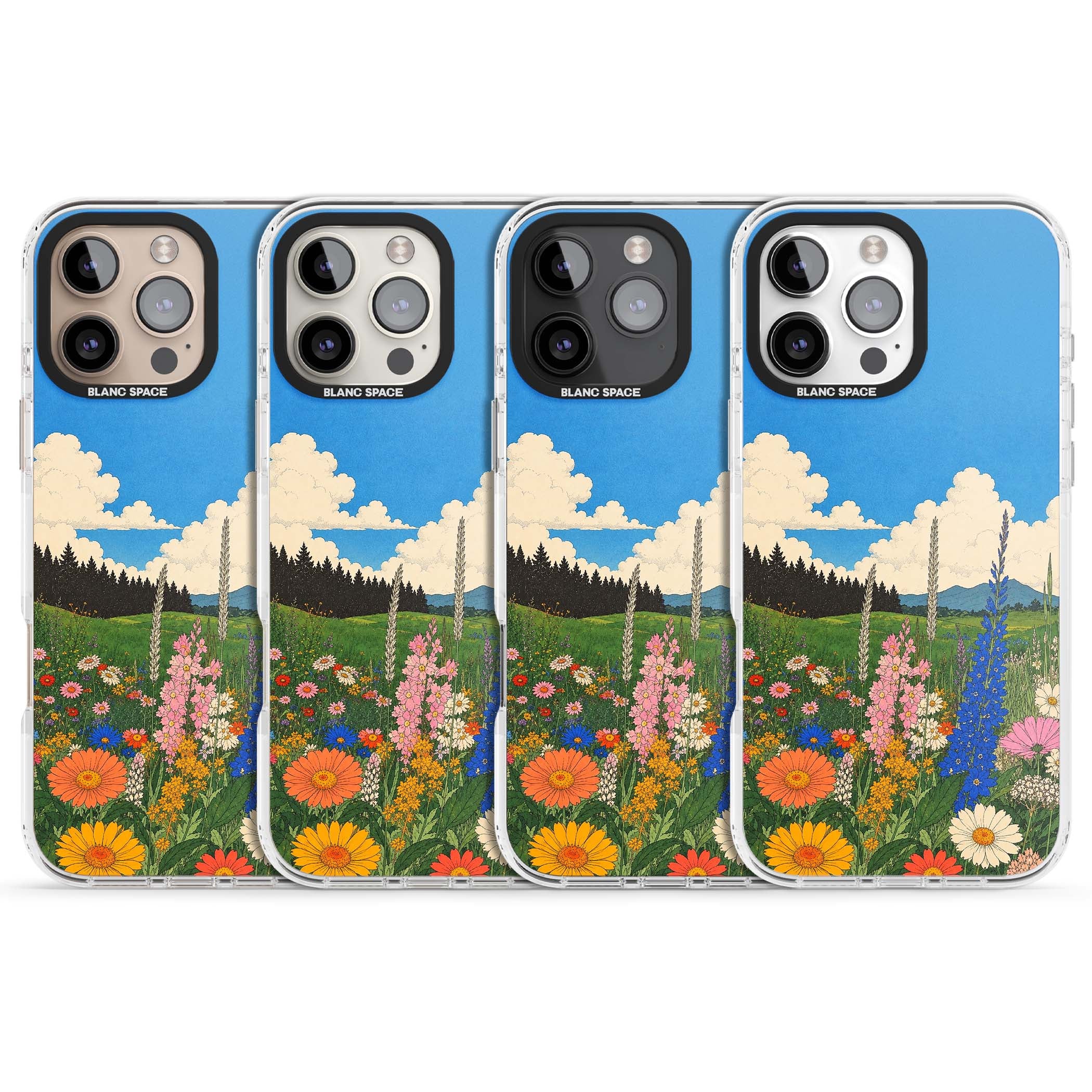 Wildbloom wildflower iPhone case featuring a vintage Japanese-style meadow landscape with daisies, delphiniums and moun | Clear Impact case for iPhone 16 Pro, iPhone 16 Pro Max