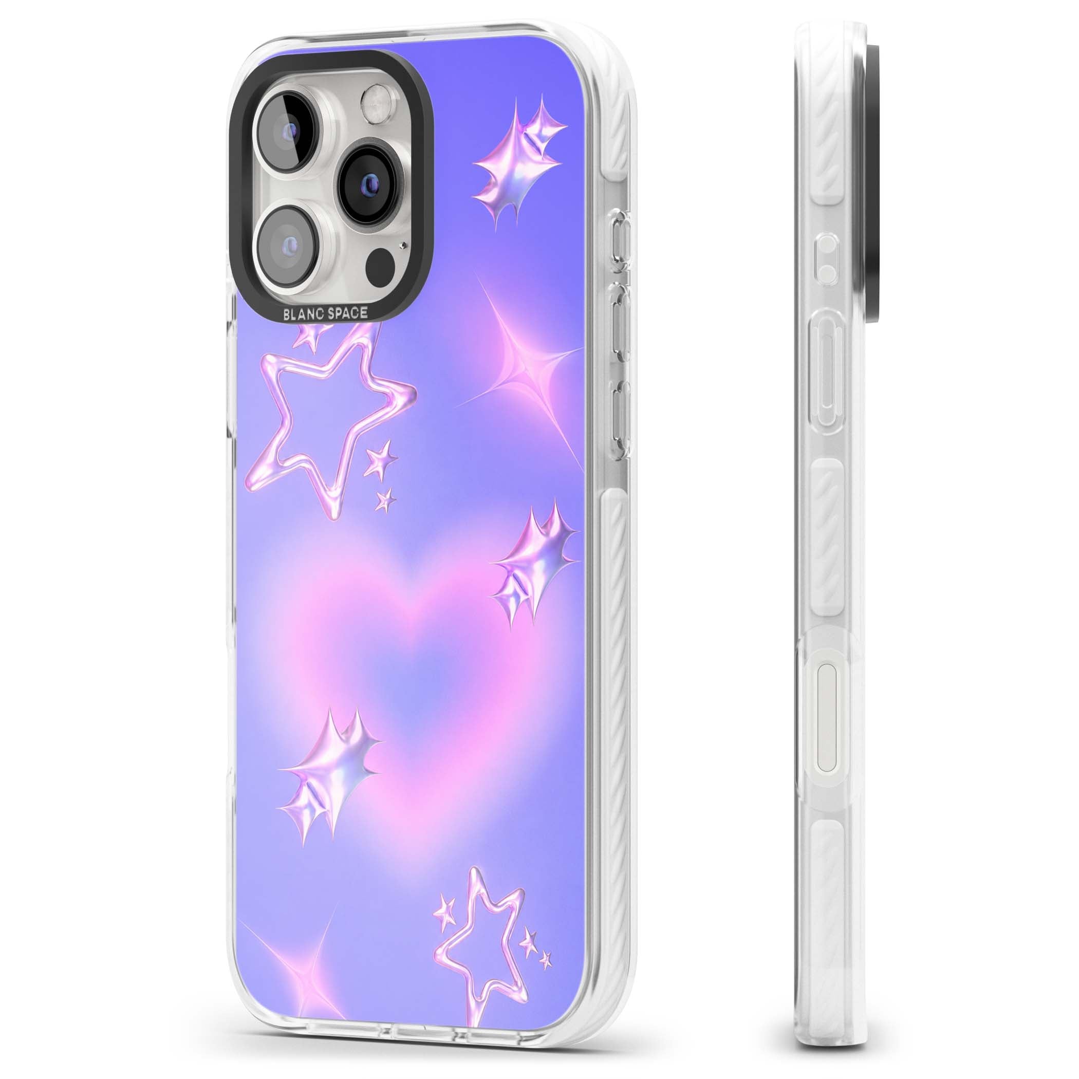 Soft Sugar Y2K iPhone case featuring iridescent chrome hearts, metallic pink stars and a lavender gradient sky | Clear Impact case for iPhone 16 Pro, iPhone 16 Pro Max