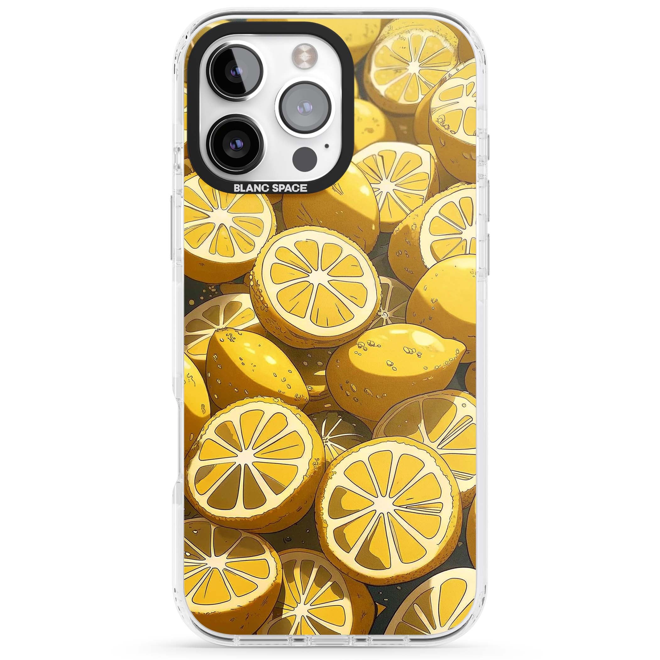 Zesty coastal iPhone case featuring illustrated Mediterranean lemons and citrus slices in golden yellow | Clear Impact case for iPhone 16 Pro, iPhone 16 Pro Max