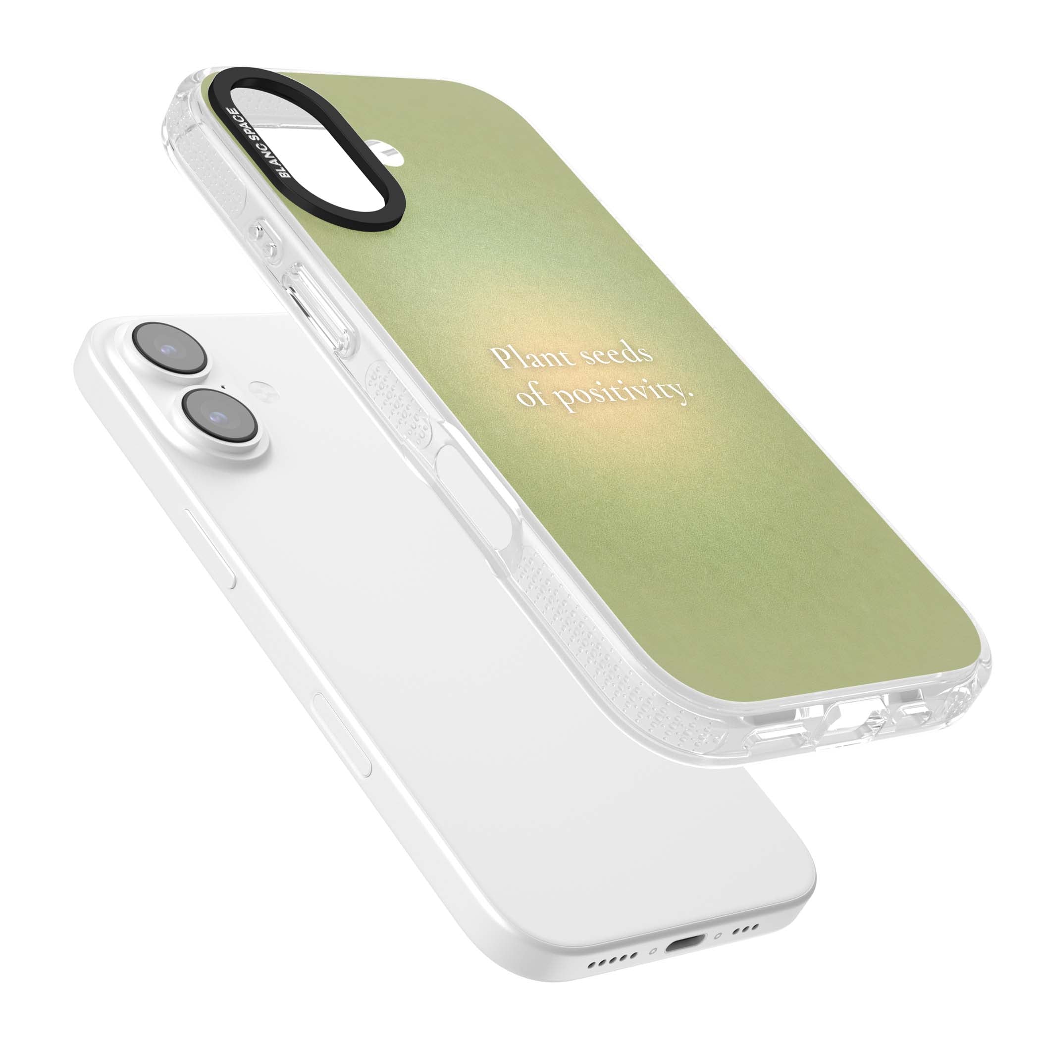 Seeds of Positivity quote iPhone case featuring a sage green aura gradient and golden glow affirmation | Clear Case Impact Air case for iPhone 17