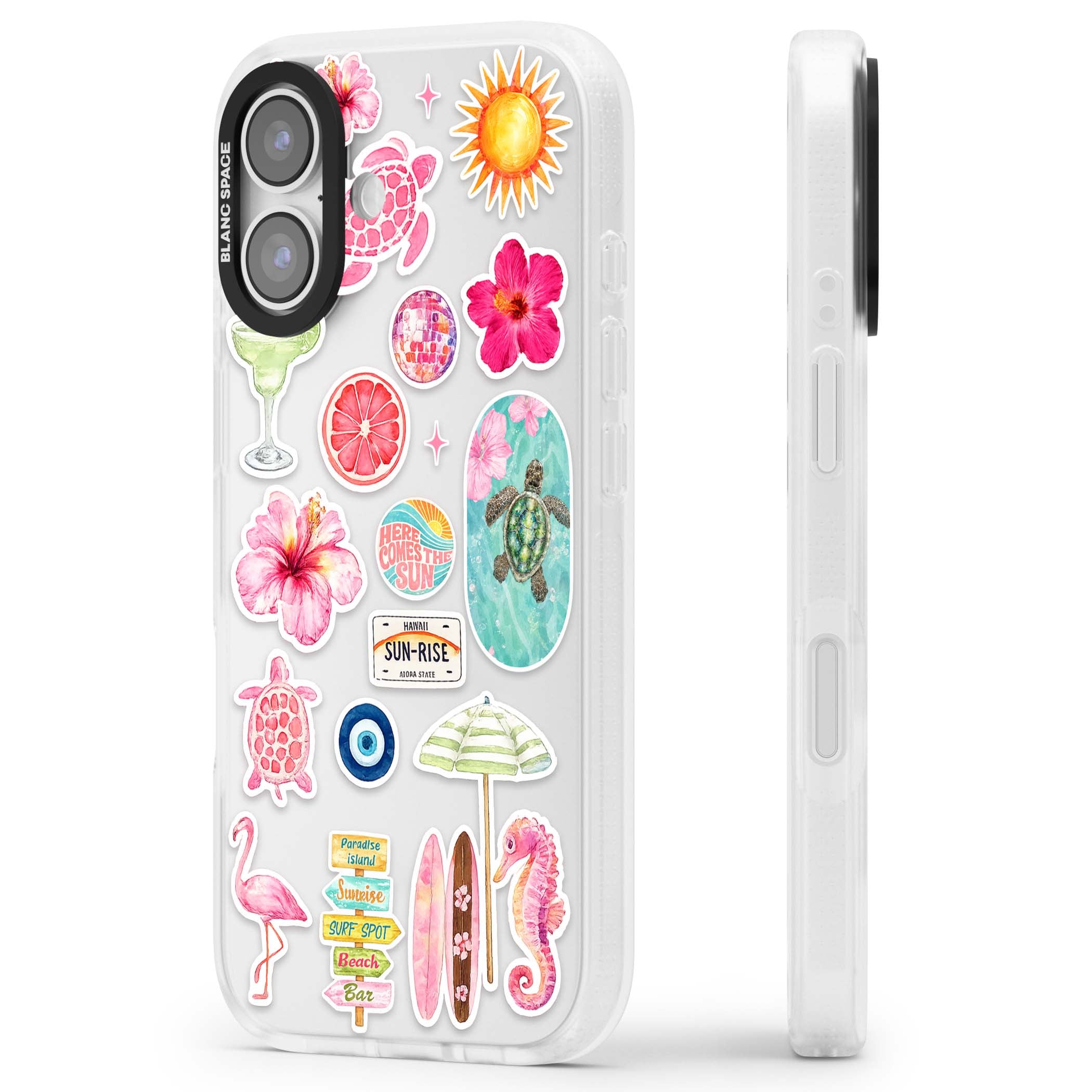 Aloha Sticker Mix tropical summer iPhone case featuring pink hibiscus, sea turtles, flamingo and beach umbrella stickers | Clear Case Impact Air case for iPhone 17