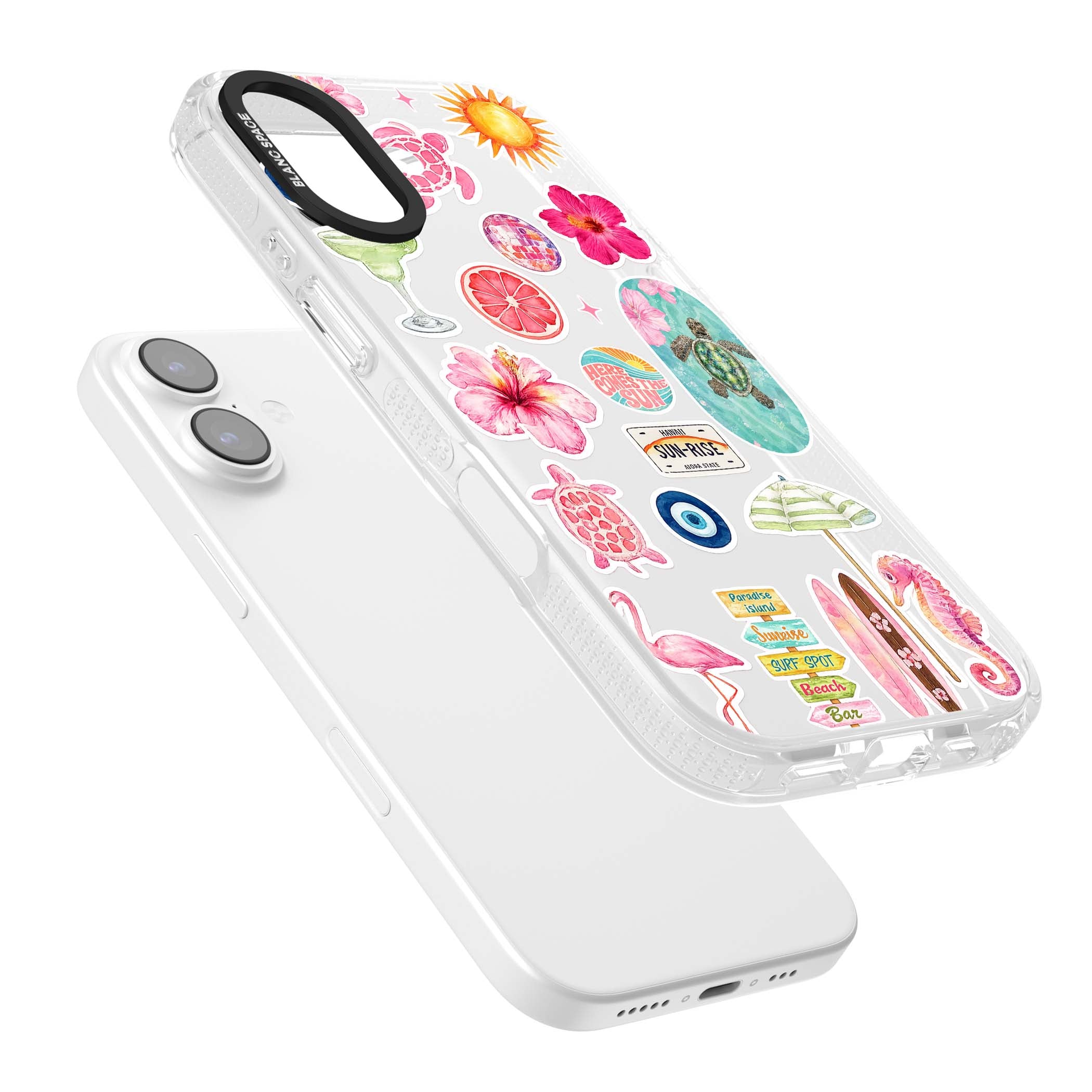Aloha Sticker Mix tropical summer iPhone case featuring pink hibiscus, sea turtles, flamingo and beach umbrella stickers | Clear Case Impact Air case for iPhone 17