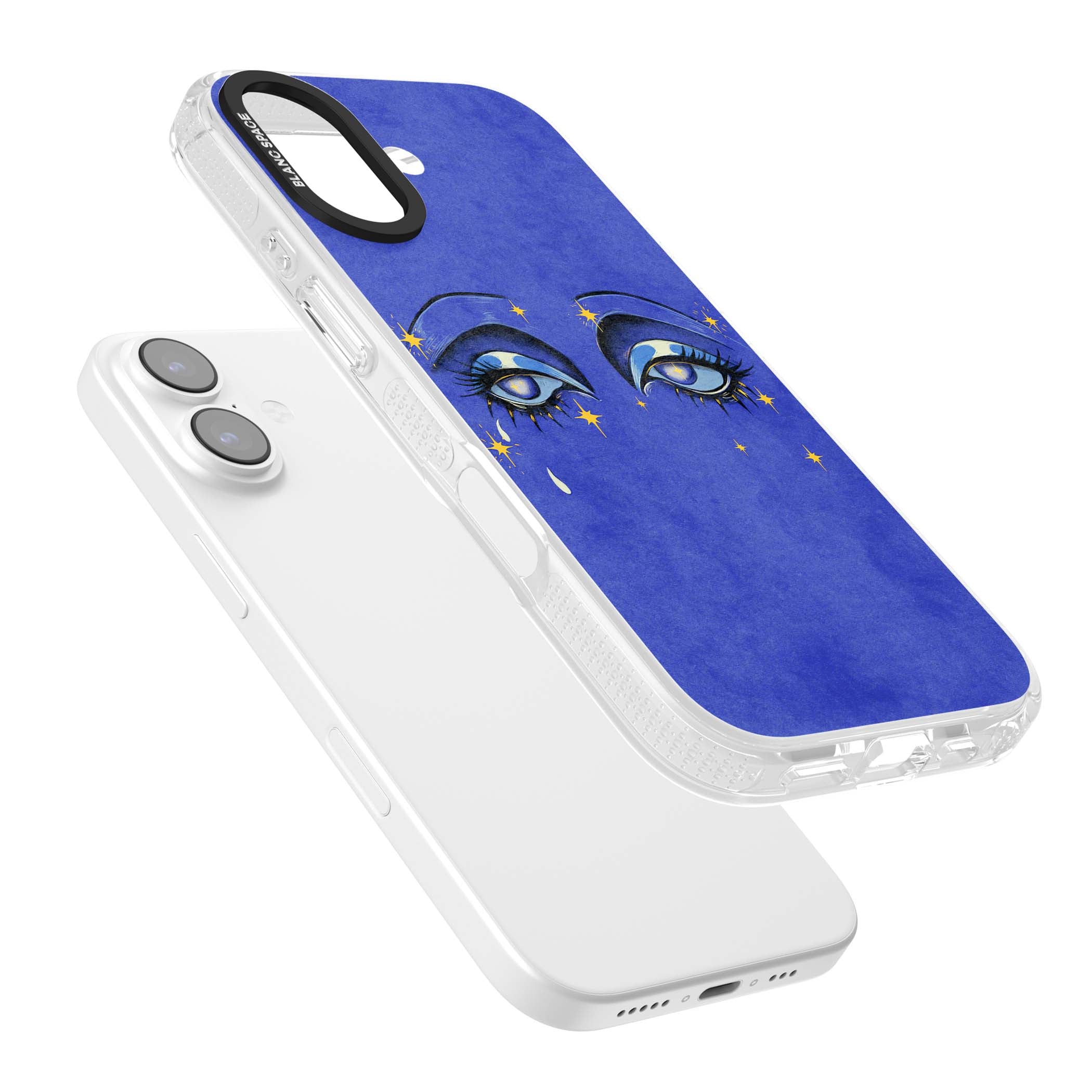 Blue Mystic Eyes celestial iPhone case featuring hand drawn blue mystical eyes, golden stars and a painted tear on indigo | Clear Case Impact Air case for iPhone 17