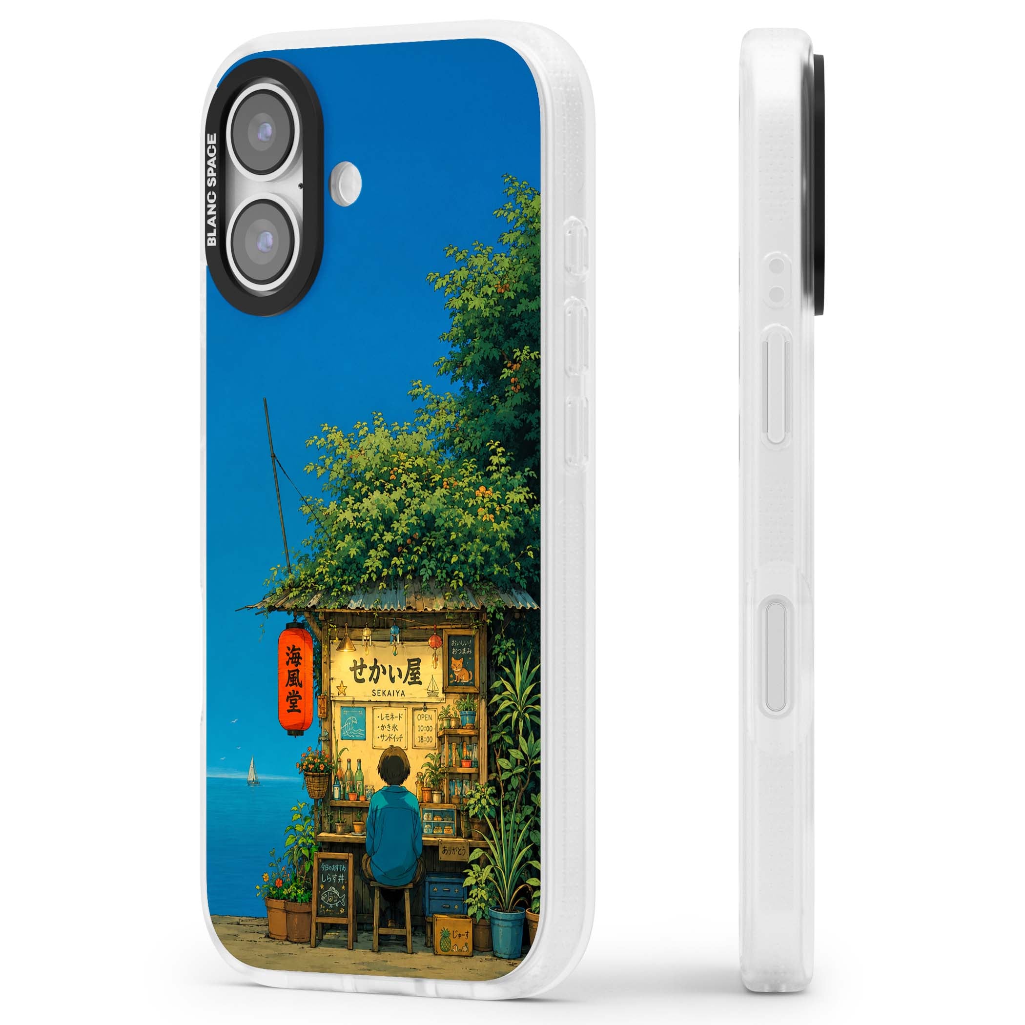 The Shirahama Kiosk anime iPhone case featuring a Japanese seaside shop, red paper lantern and ocean view | Clear Case Impact Air case for iPhone 17
