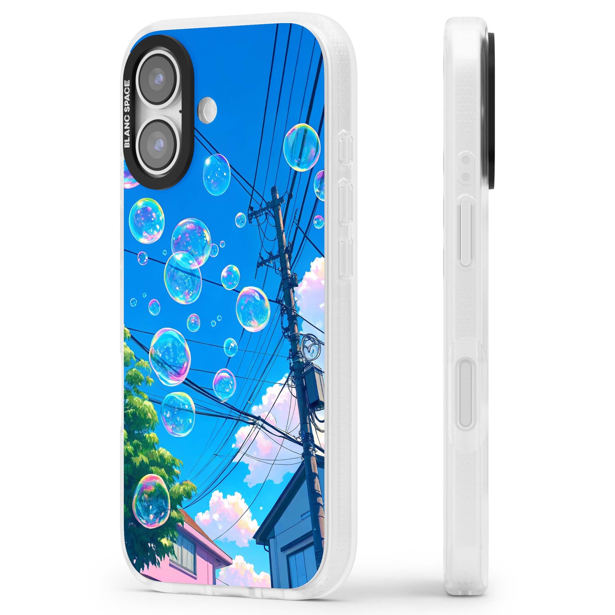 Suburban Bubbles anime iPhone case featuring iridescent soap bubbles, blue sky and Japanese telephone wires | Clear Case Impact Air case for iPhone 17