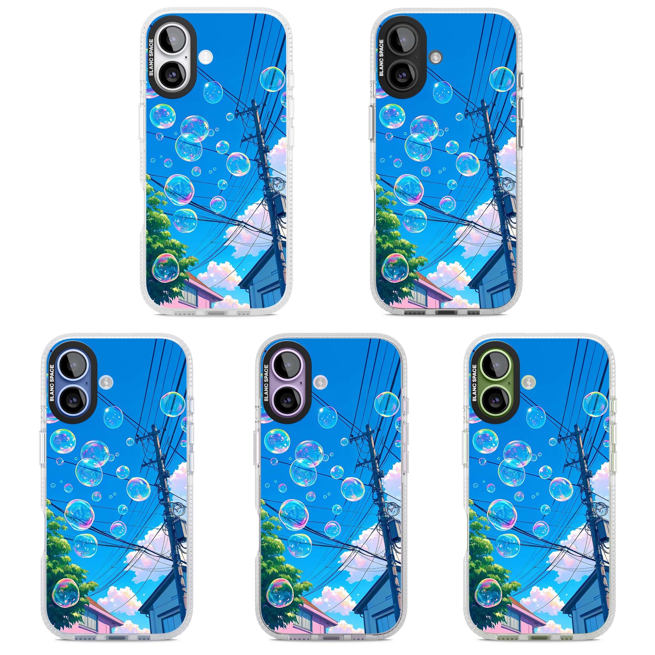 Suburban Bubbles anime iPhone case featuring iridescent soap bubbles, blue sky and Japanese telephone wires | Clear Case Impact Air case for iPhone 17
