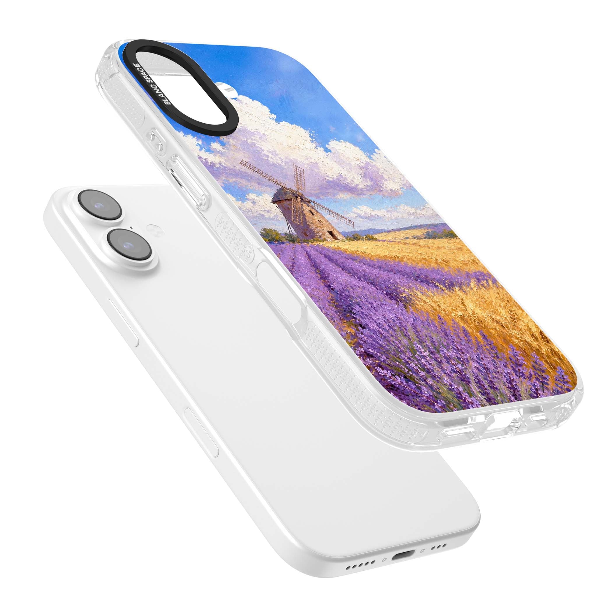 Lavender Mill cottagecore iPhone case featuring a French windmill, lavender field and golden wheat oil painting | Clear Case Impact Air case for iPhone 17