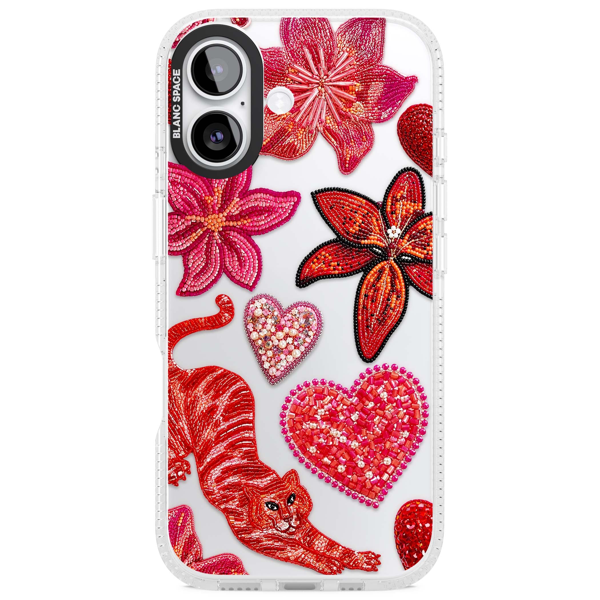 Beaded Boho floral iPhone case featuring beaded red lilies, a stitched tiger, and pearl-encrusted hearts on clear | Clear Case Impact Air case for iPhone 17
