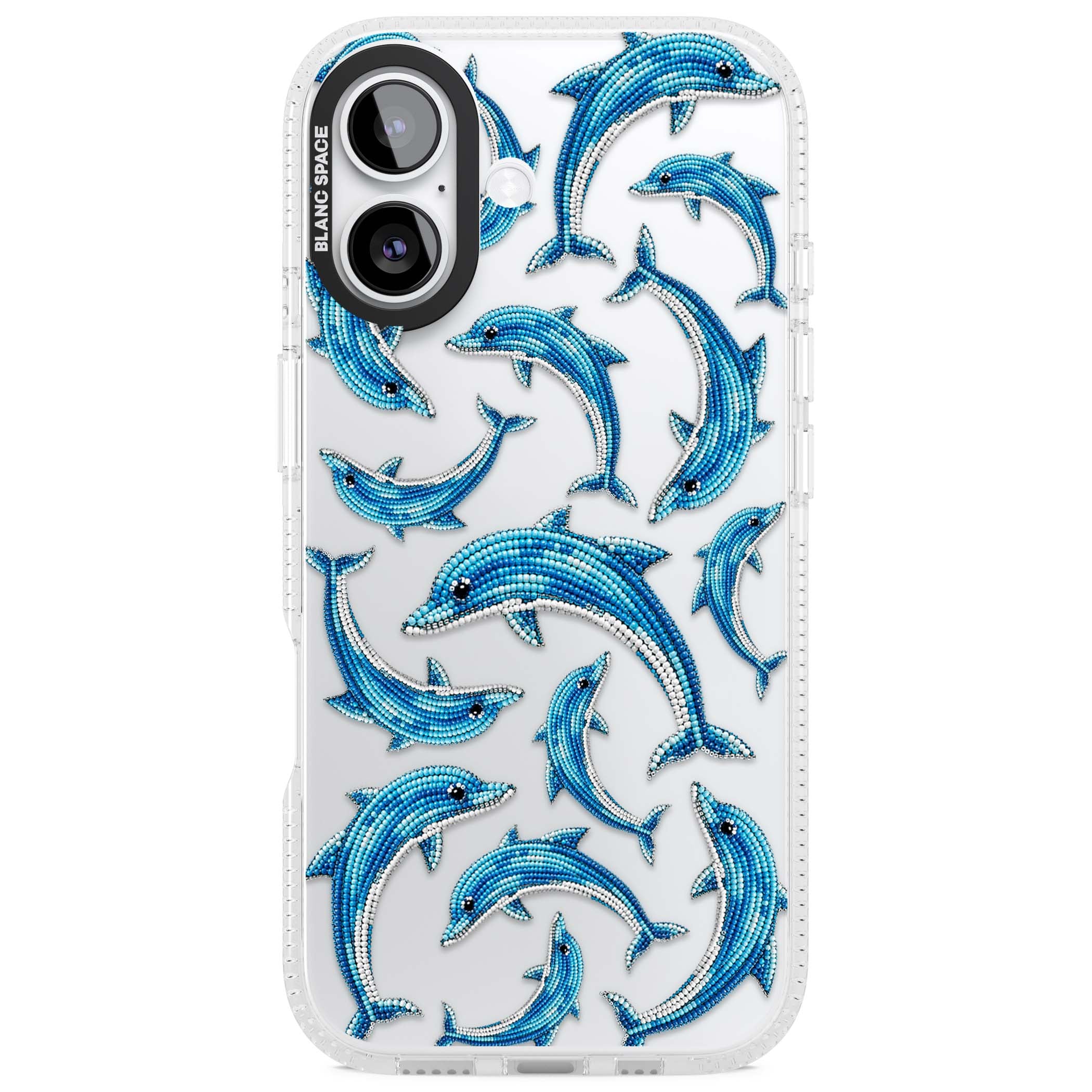 Beaded Dolphins coastal iPhone case featuring beaded dolphins in blue and white swimming across a clear background | Clear Case Impact Air case for iPhone 17