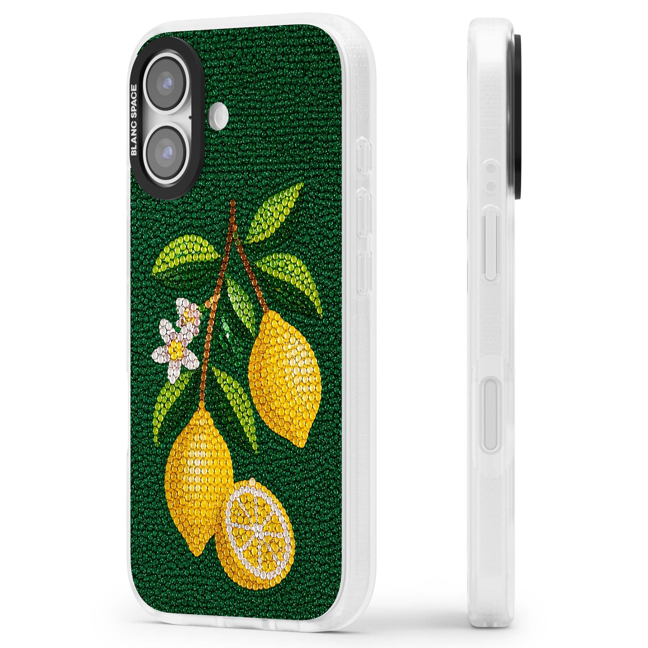 Beaded Lemons coastal iPhone case featuring crystal-beaded lemons, citrus blossom and green leaves on emerald ground | Clear Case Impact Air case for iPhone 17