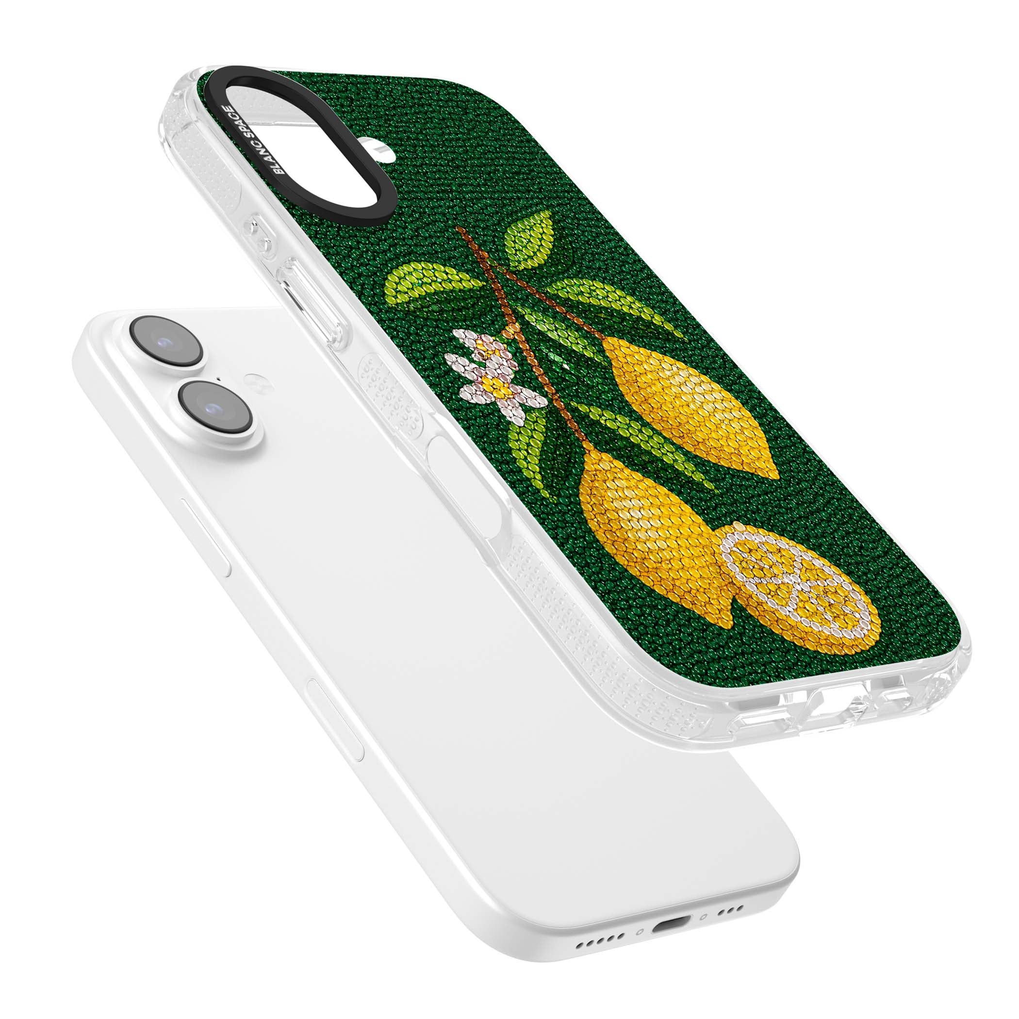 Beaded Lemons coastal iPhone case featuring crystal-beaded lemons, citrus blossom and green leaves on emerald ground | Clear Case Impact Air case for iPhone 17
