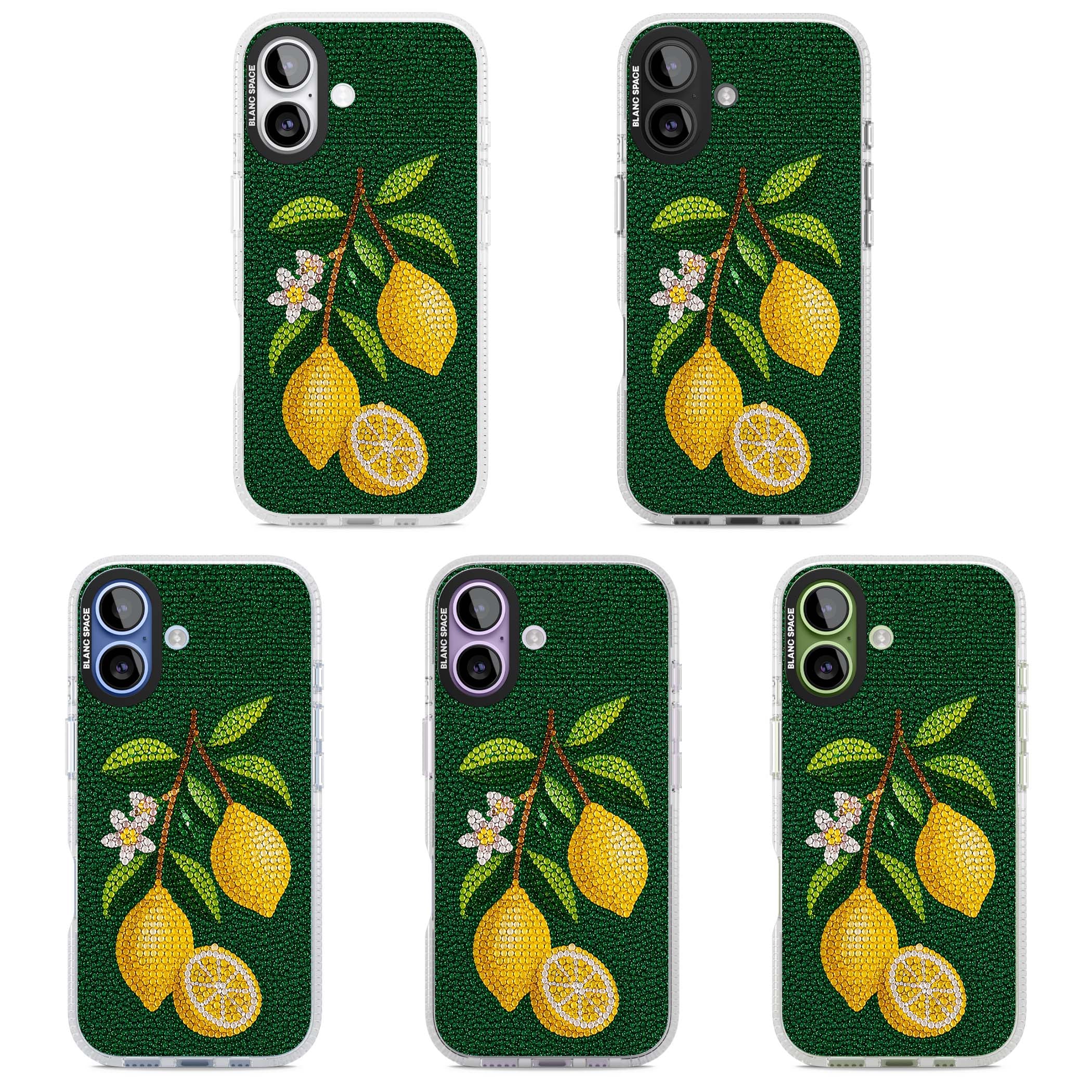 Beaded Lemons coastal iPhone case featuring crystal-beaded lemons, citrus blossom and green leaves on emerald ground | Clear Case Impact Air case for iPhone 17