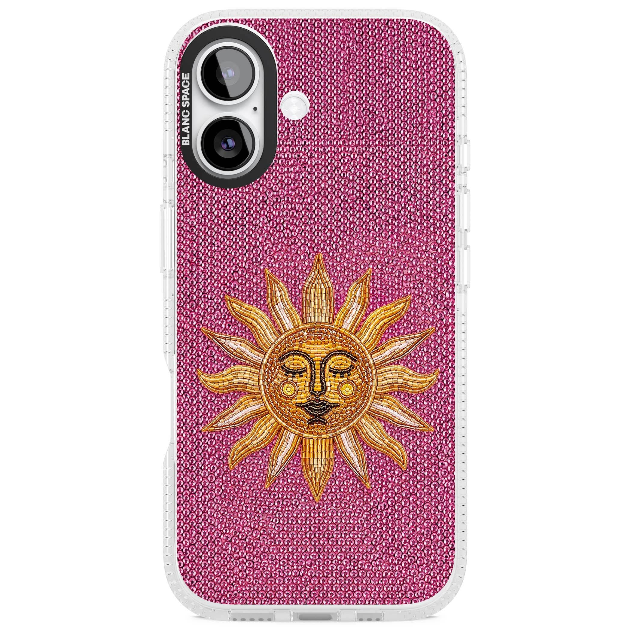 Beaded Sun celestial iPhone case featuring a golden beaded sun face with radiant rays on hot pink beaded background | Clear Case Impact Air case for iPhone 17