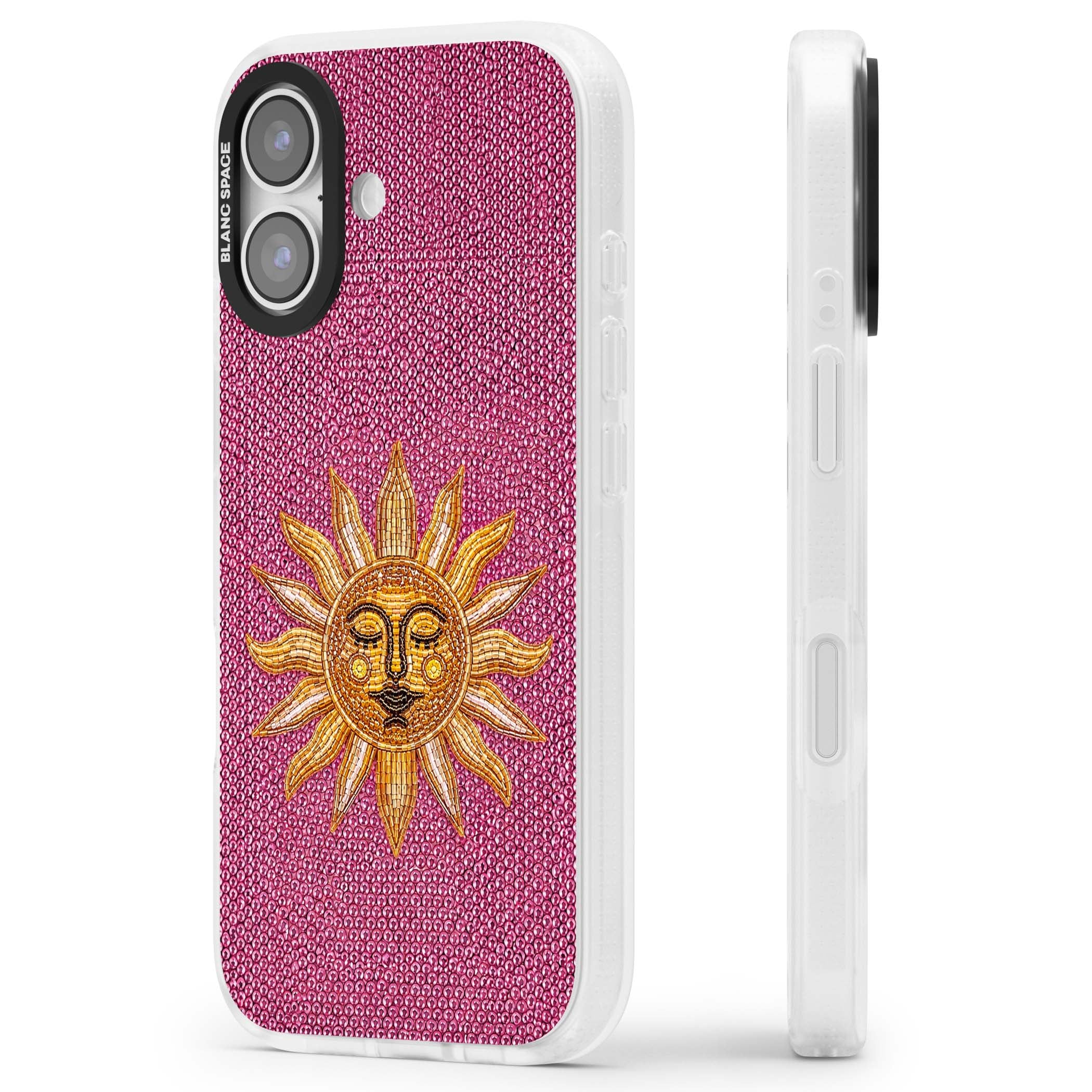 Beaded Sun celestial iPhone case featuring a golden beaded sun face with radiant rays on hot pink beaded background | Clear Case Impact Air case for iPhone 17