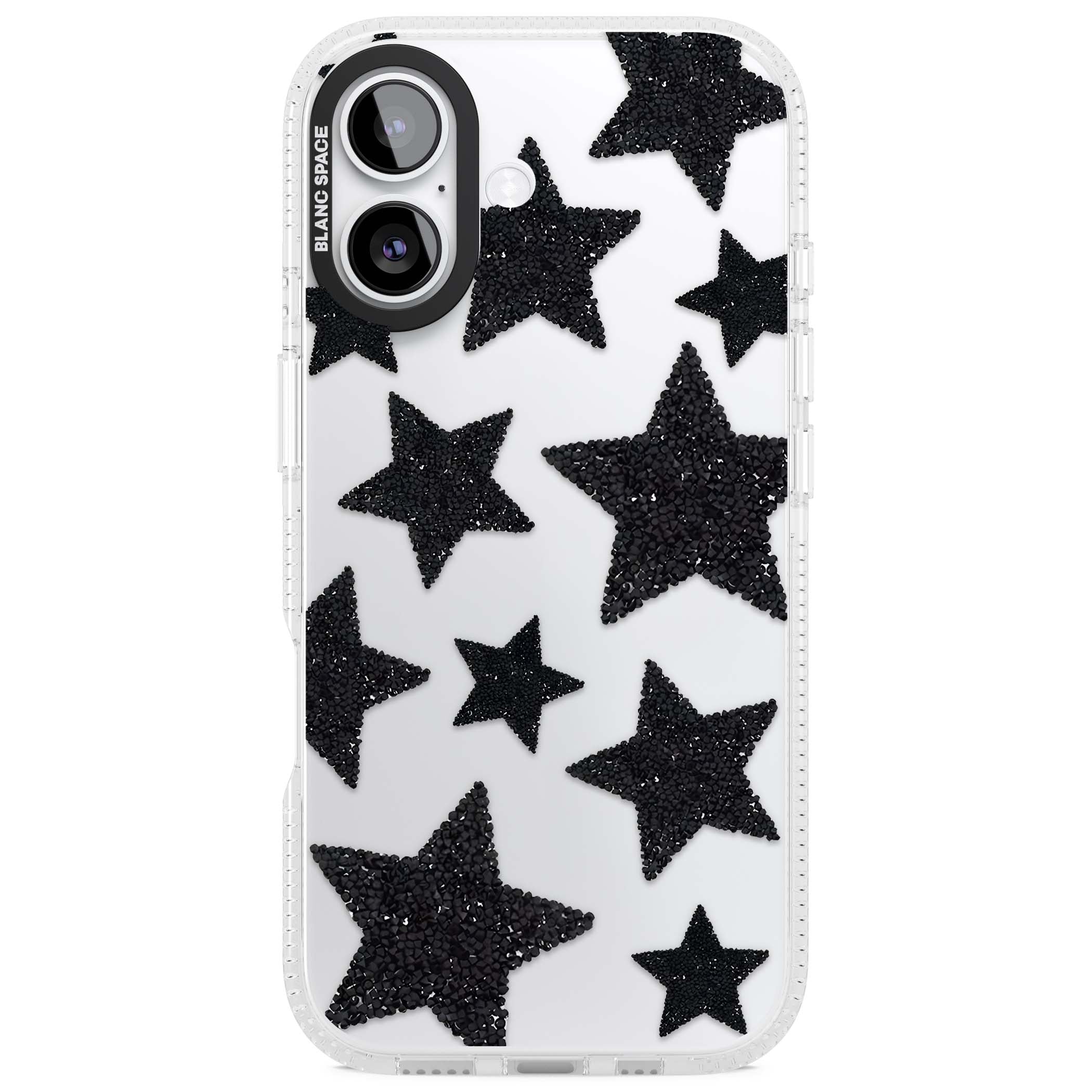 Beaded Black Stars celestial iPhone case featuring black glitter beaded stars scattered on a clear background | Clear Case Impact Air case for iPhone 17