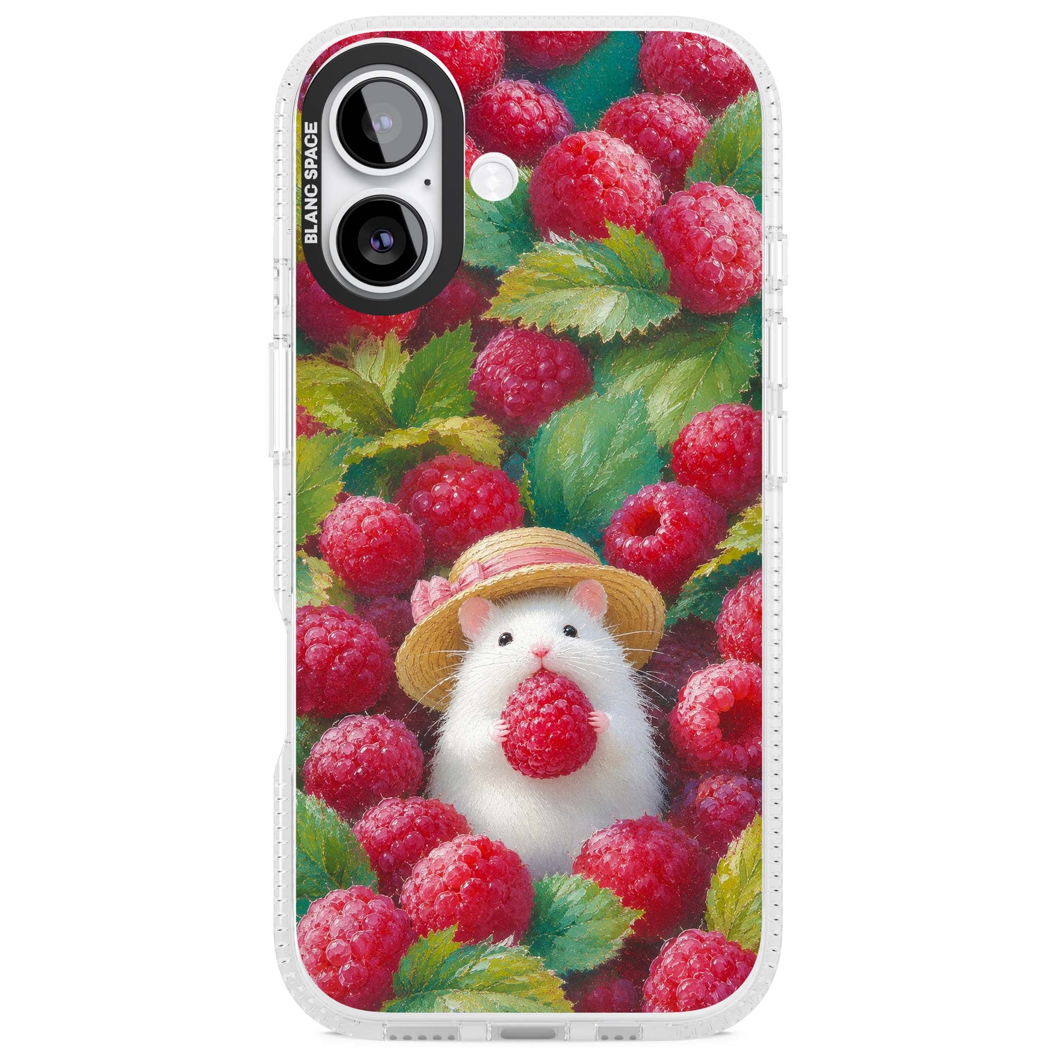 Berry Forager cottagecore iPhone case featuring a white hamster in a straw hat holding a raspberry surrounded by ripe ber | Clear Case Impact Air case for iPhone 17