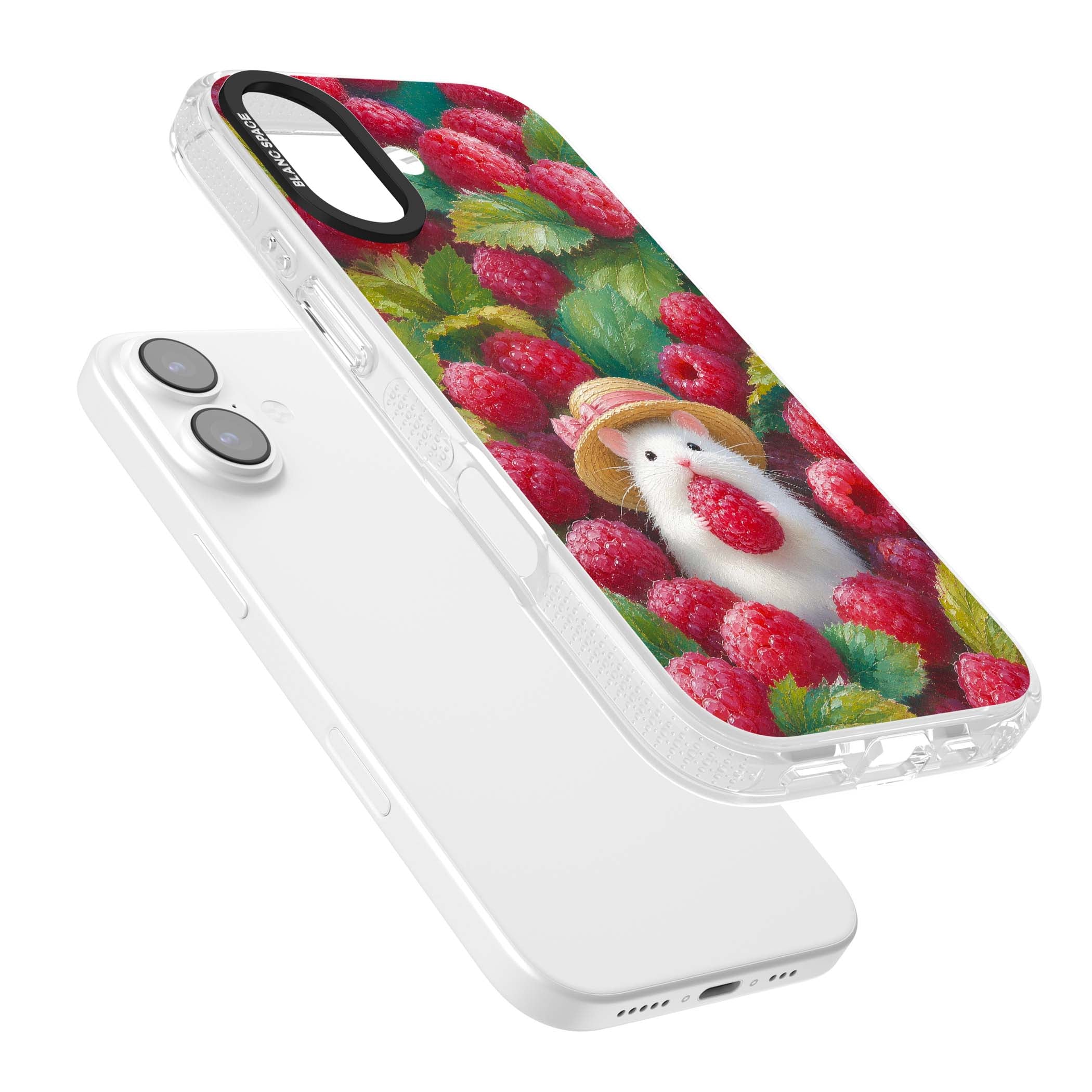 Berry Forager cottagecore iPhone case featuring a white hamster in a straw hat holding a raspberry surrounded by ripe ber | Clear Case Impact Air case for iPhone 17