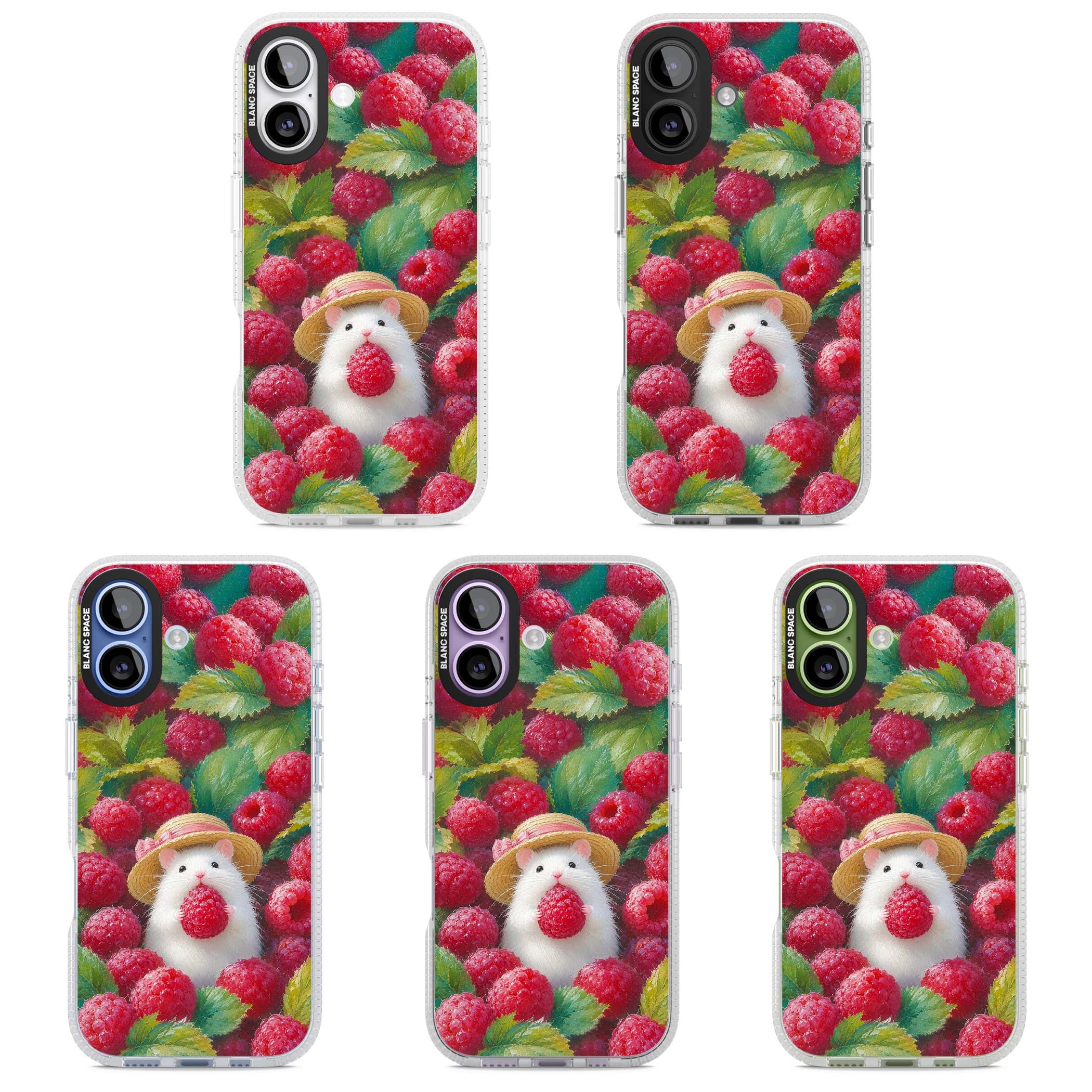 Berry Forager cottagecore iPhone case featuring a white hamster in a straw hat holding a raspberry surrounded by ripe ber | Clear Case Impact Air case for iPhone 17