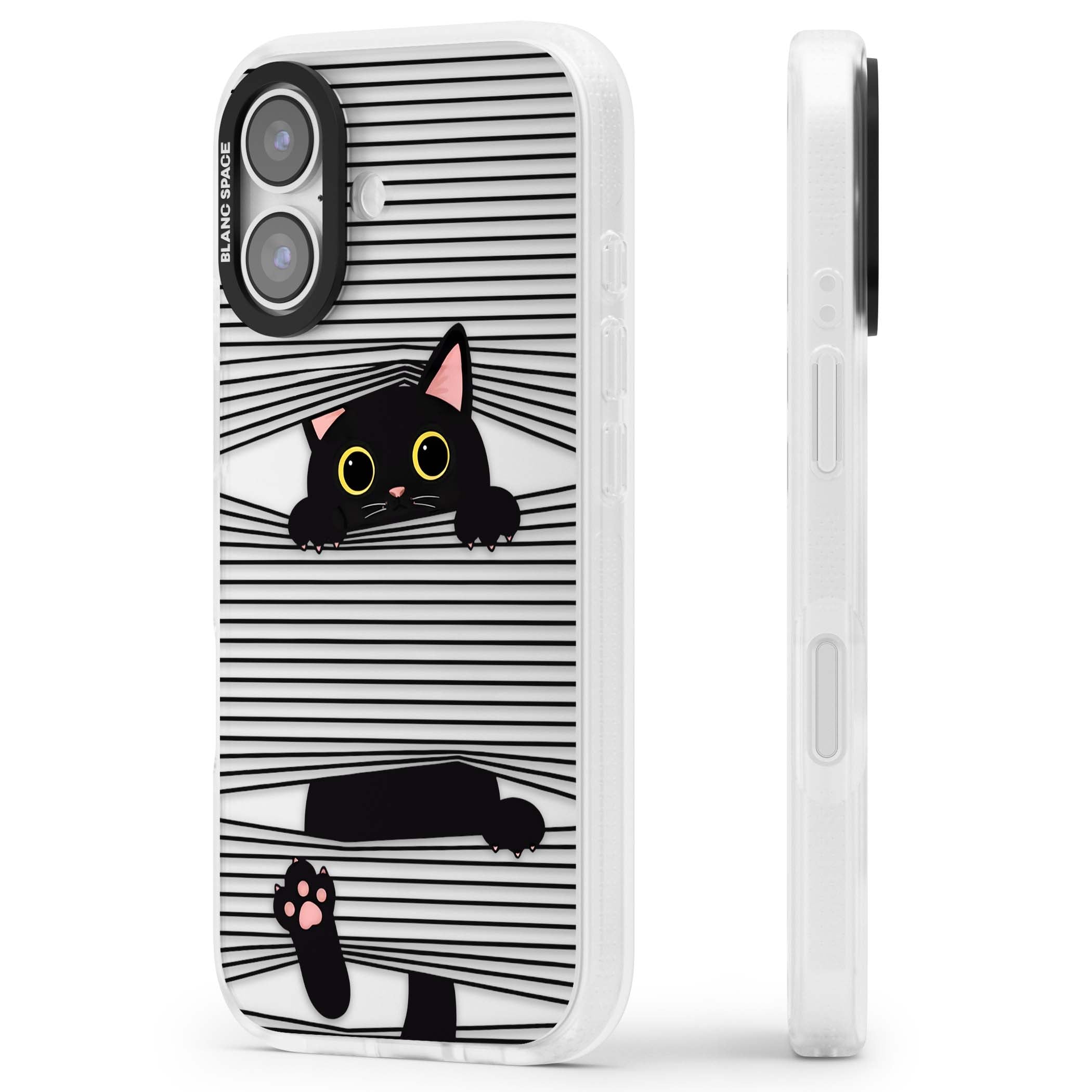 Peek-a-Boo Cat minimal iPhone case featuring black cat peeking through horizontal black and white stripes | Clear Case Impact Air case for iPhone 17