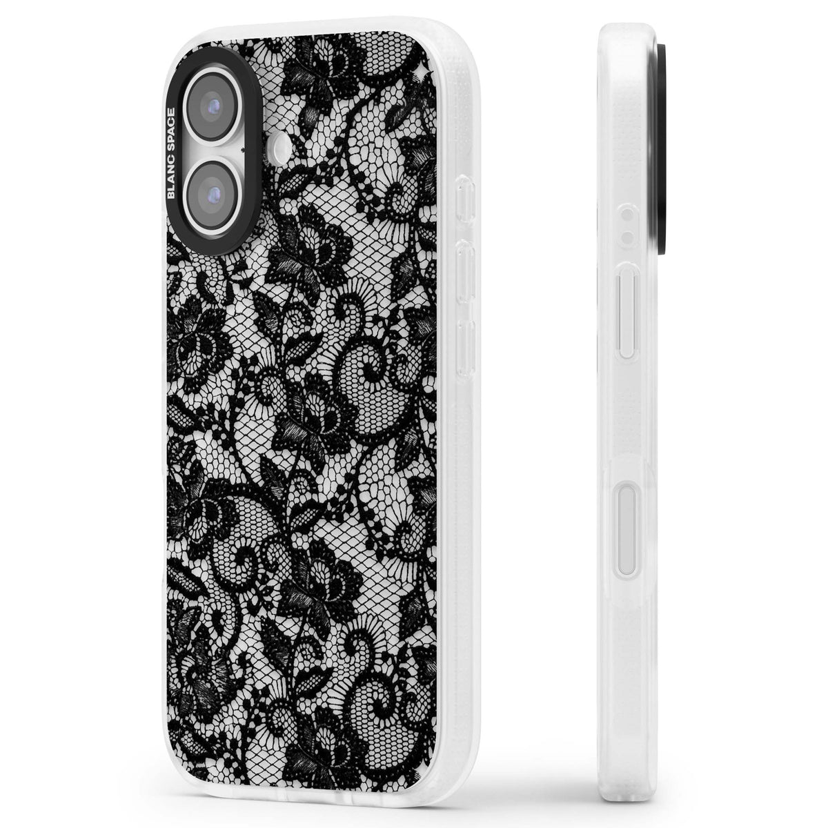 Black Lace gothic iPhone case featuring intricate black floral lace pattern with vintage whimsigoth detail | Clear Case Impact Air case for iPhone 17
