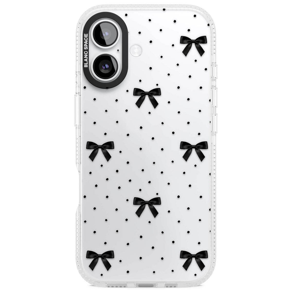 Black Polka Bows coquette iPhone case featuring scattered black satin bows and tiny polka dots on a clear base | Clear Case Impact Air case for iPhone 17
