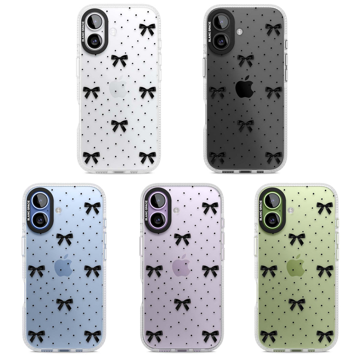Black Polka Bows coquette iPhone case featuring scattered black satin bows and tiny polka dots on a clear base | Clear Case Impact Air case for iPhone 17