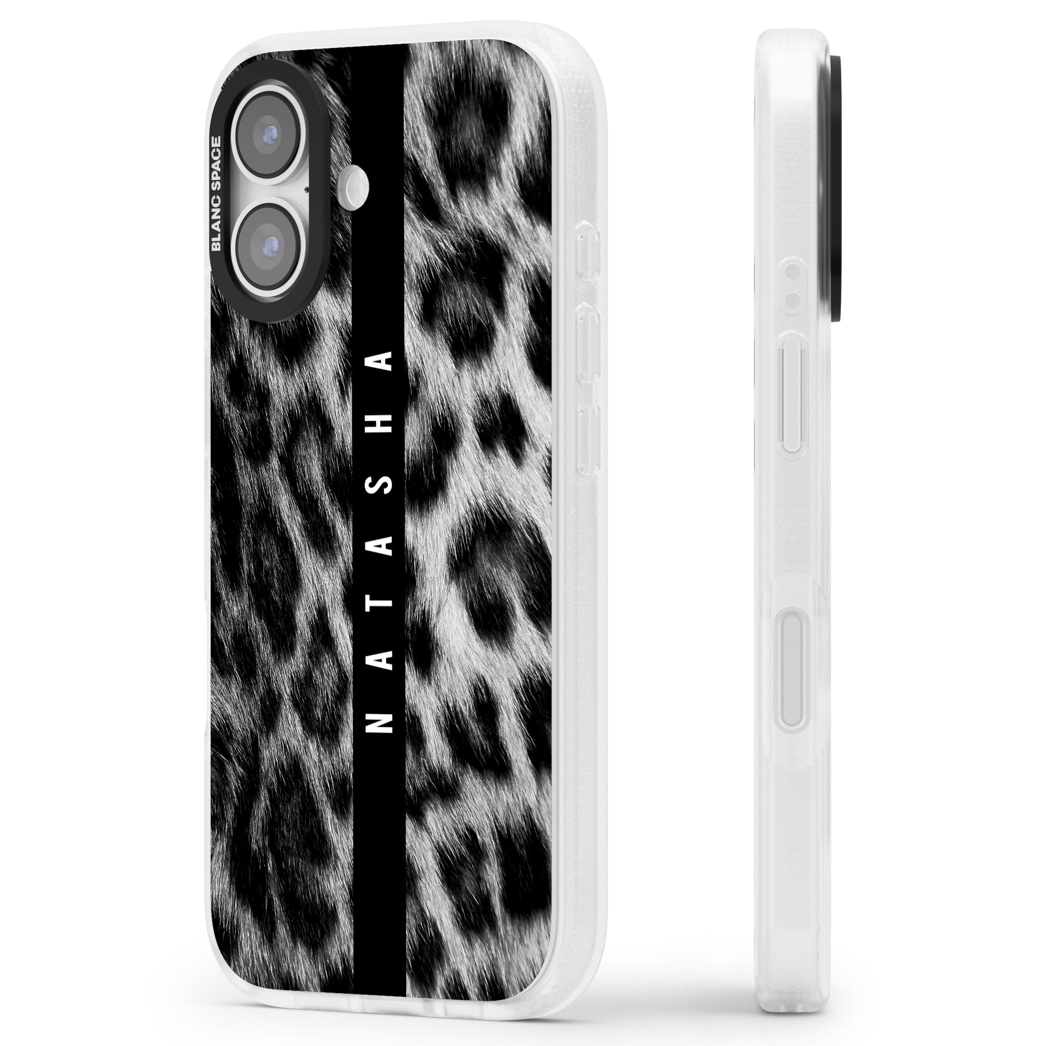 Personalised Snow Leopard Print iPhone 17 Impact Air Clear Phone Case Side Profile