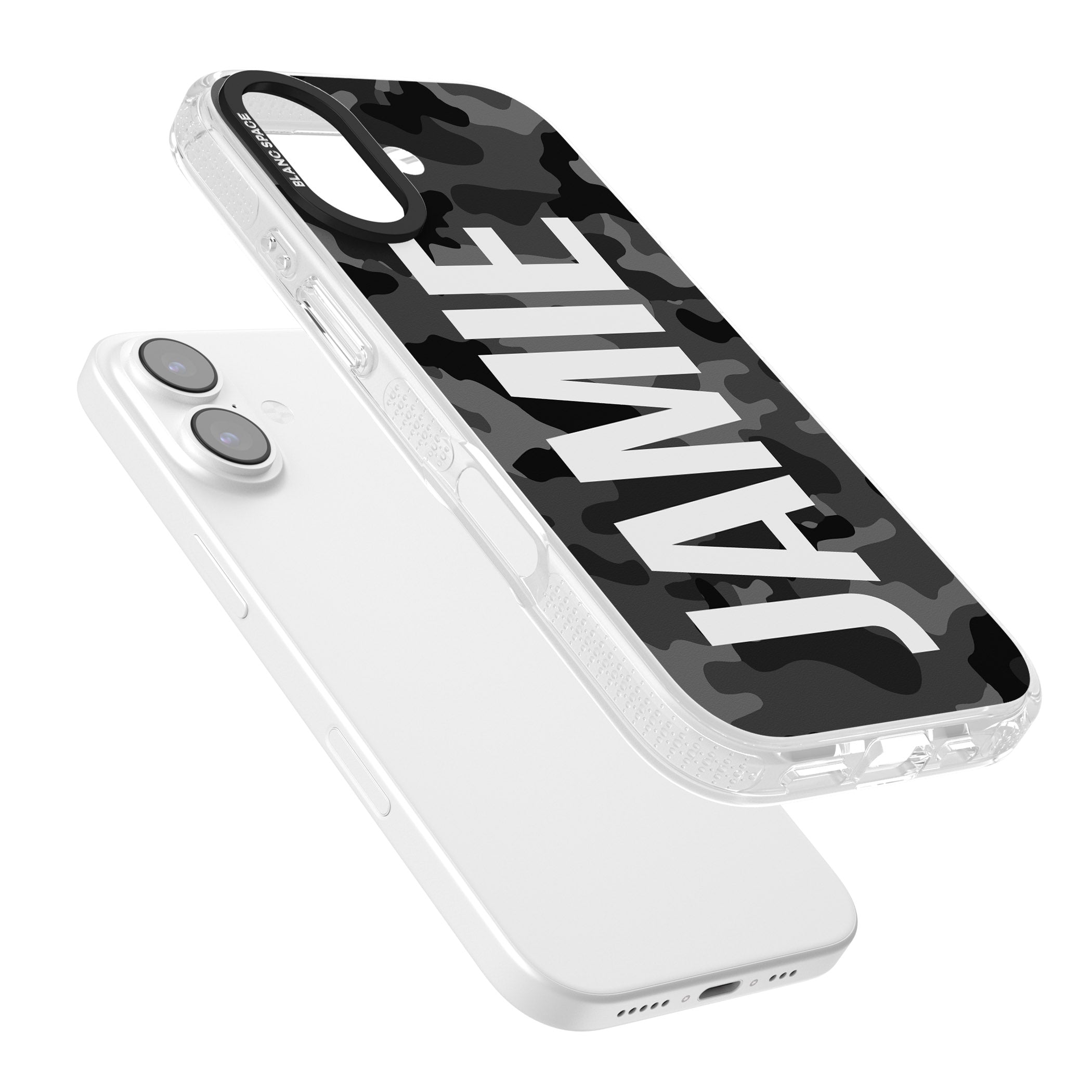 Personalised Black Camo Name Vertical iPhone 17 Impact Air Clear Phone Case Colours