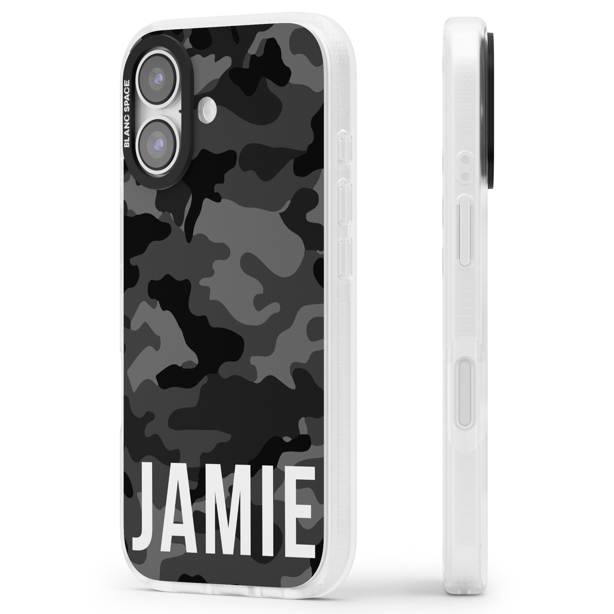 Personalised Black Camo Name Horizontal iPhone 17 Impact Air Clear Phone Case Side Profile