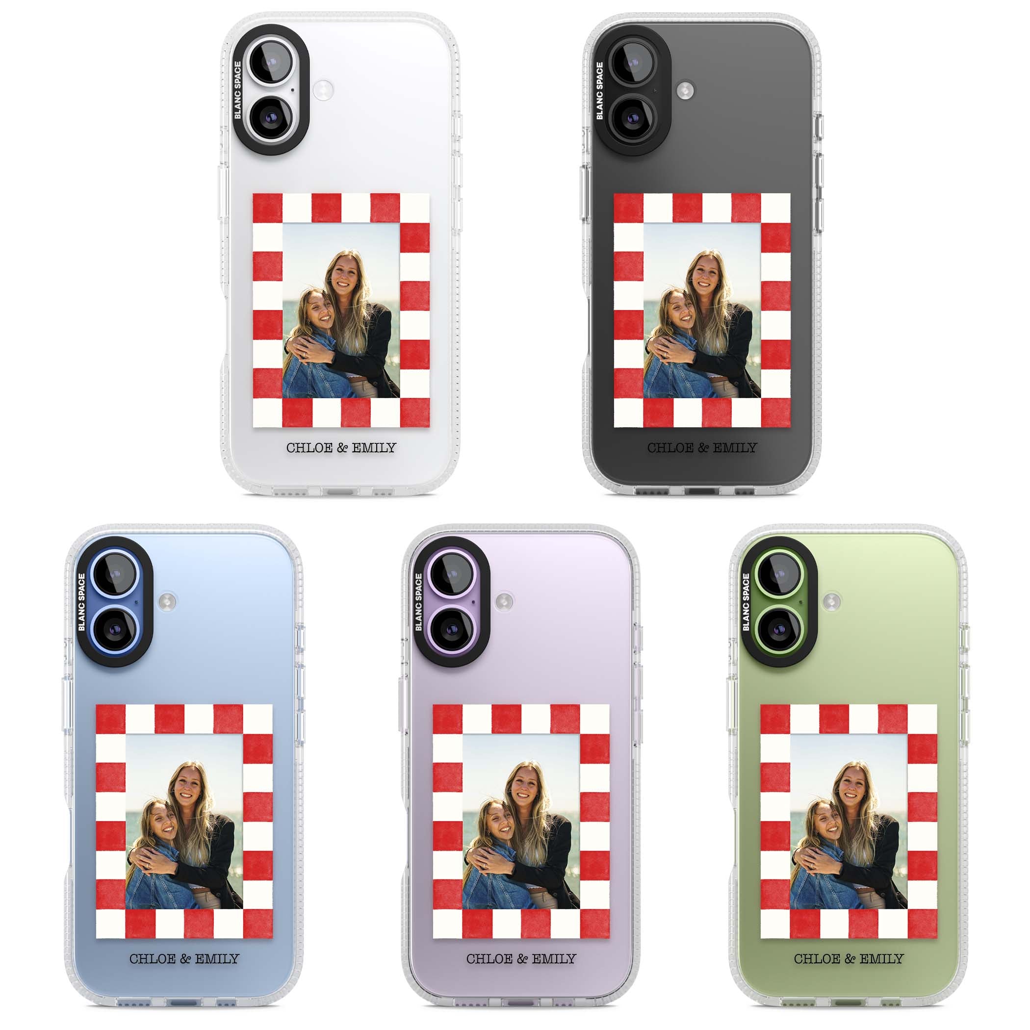 Red Check Photo personalised photo iPhone case with red and white checkered polaroid frame and custom couple name | Clear Case Impact Air case for iPhone 17