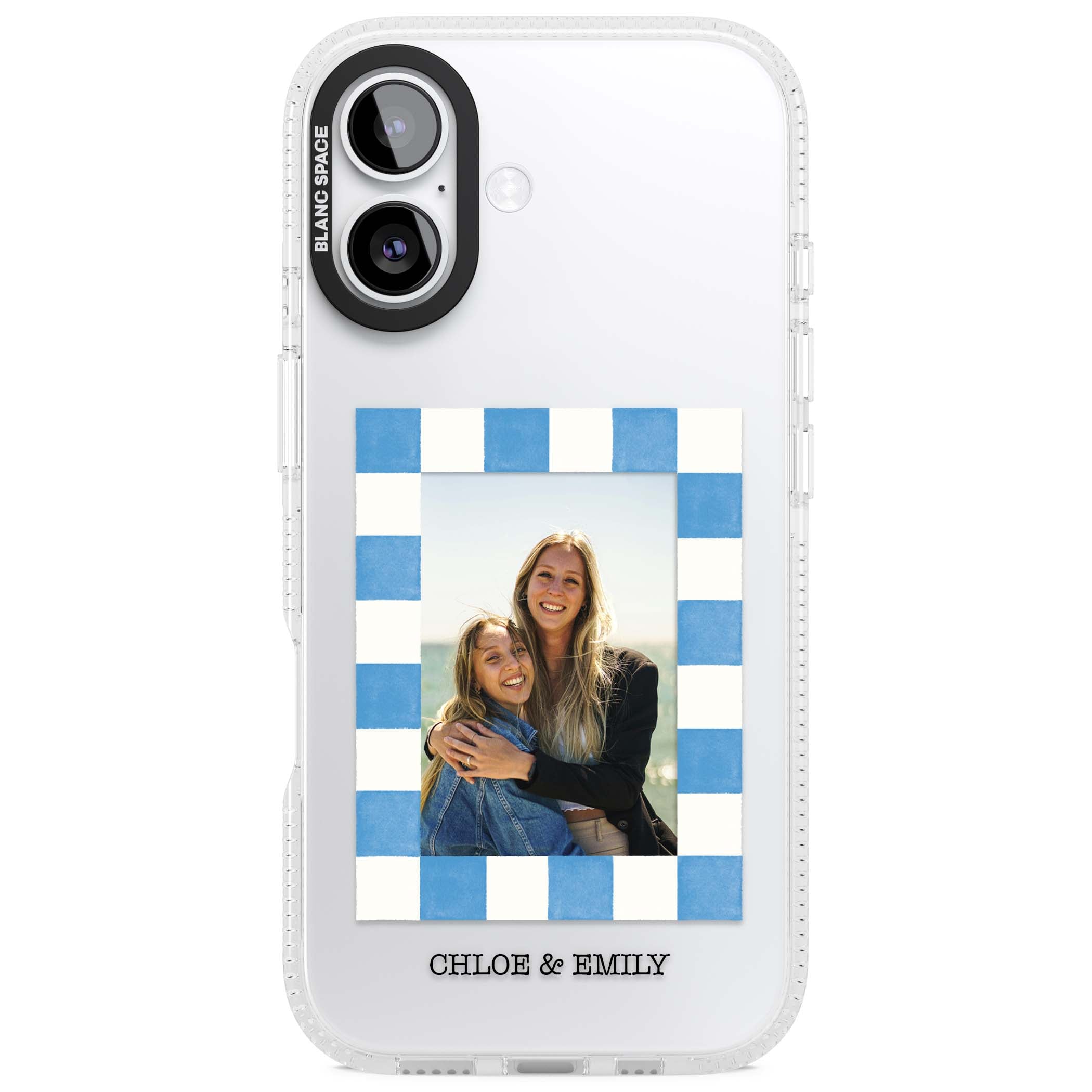 Blue Check Photo personalised photo iPhone case with blue checkered frame and custom couple names | Clear Case Impact Air case for iPhone 17