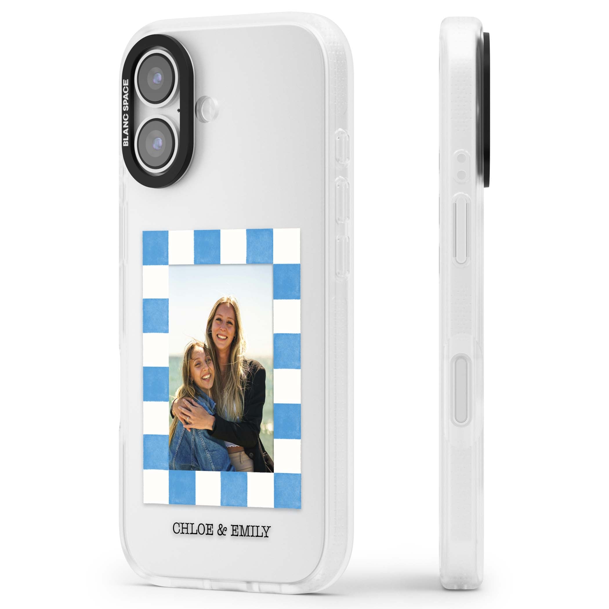 Blue Check Photo personalised photo iPhone case with blue checkered frame and custom couple names | Clear Case Impact Air case for iPhone 17