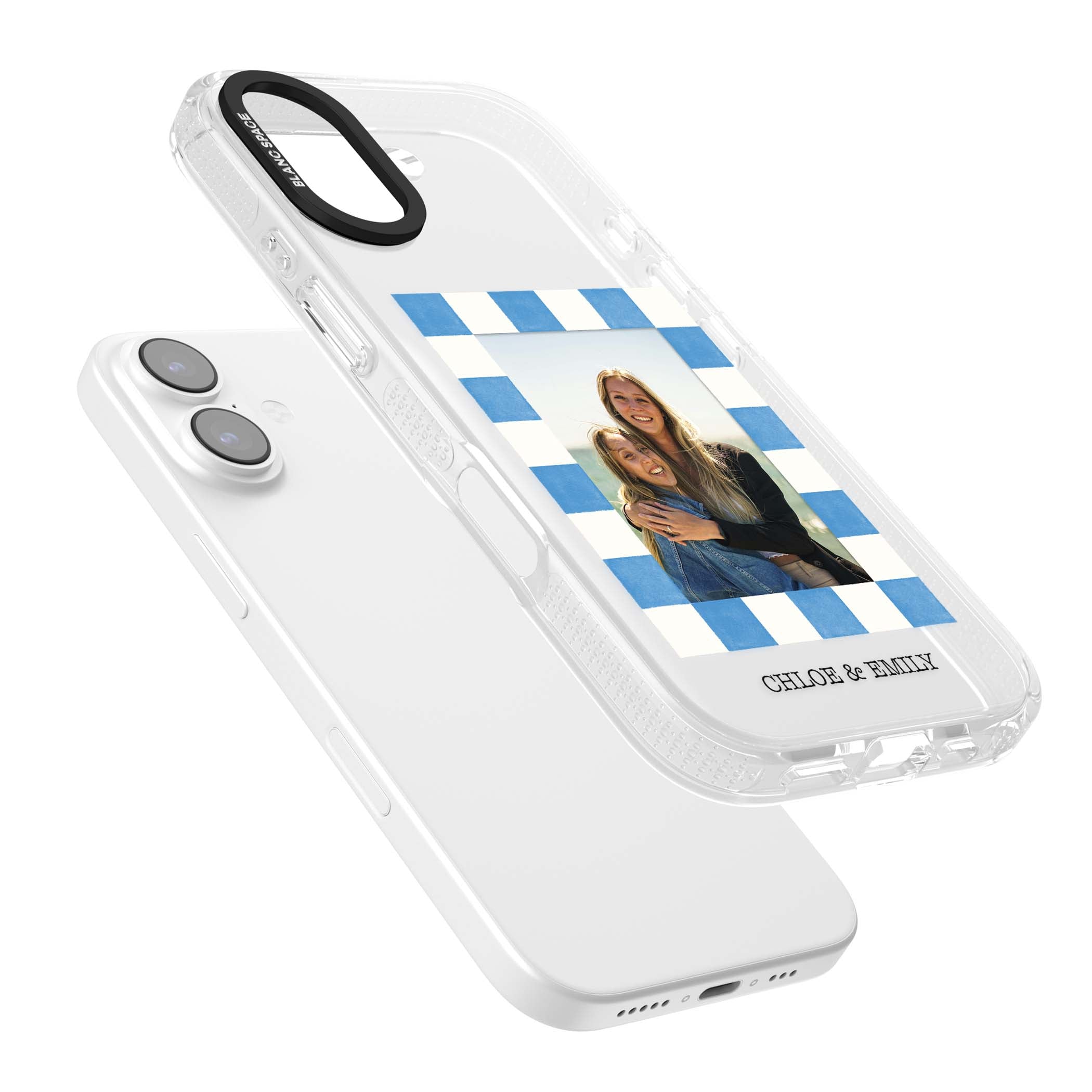 Blue Check Photo personalised photo iPhone case with blue checkered frame and custom couple names | Clear Case Impact Air case for iPhone 17