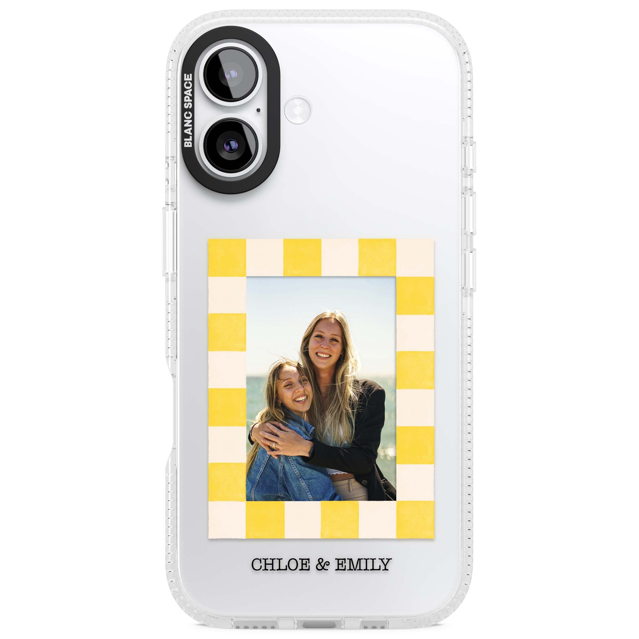 Yellow Check Photo personalised iPhone case with yellow checkered Polaroid frame and custom names beneath | Clear Case Impact Air case for iPhone 17