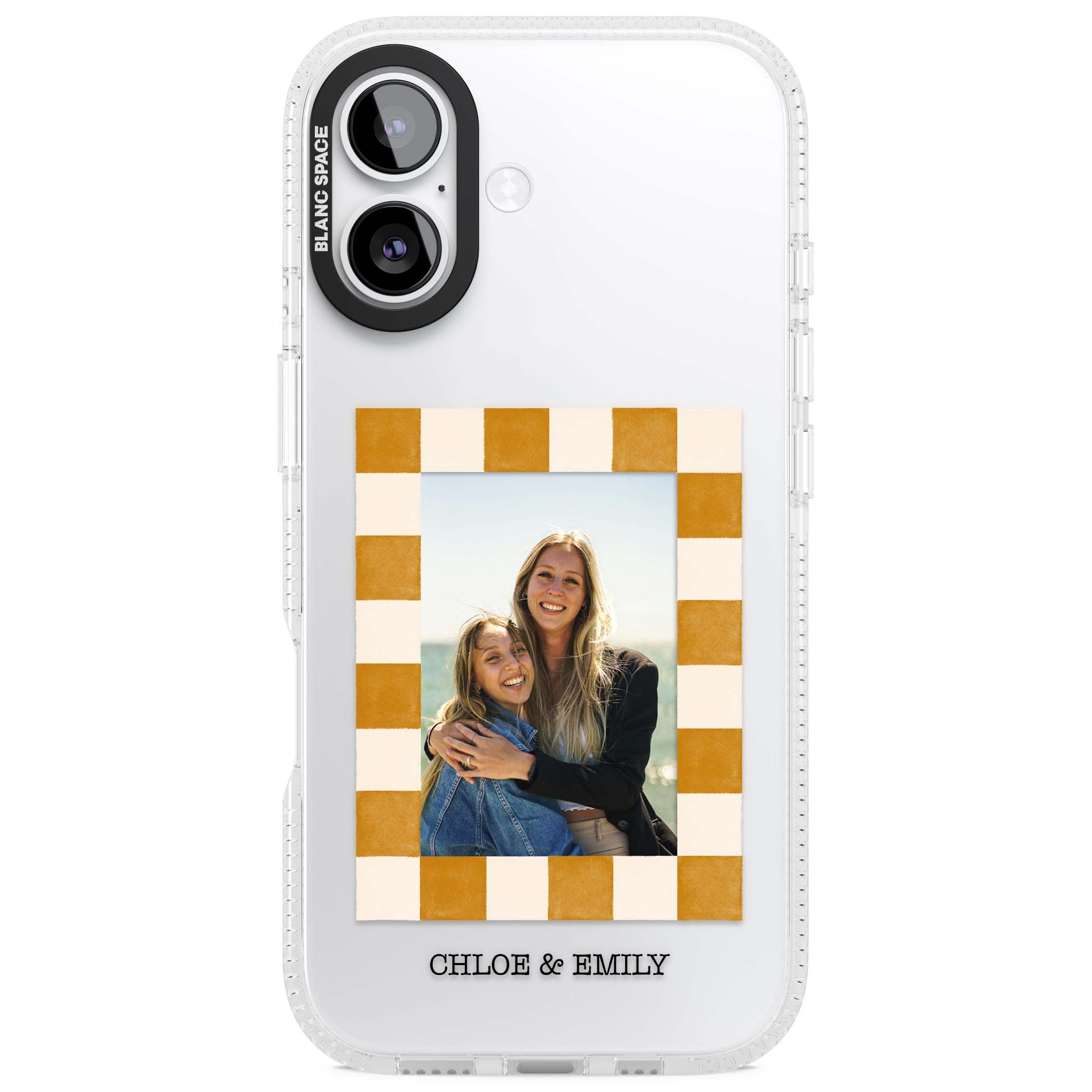 Citrus Check Photo personalised iPhone case with custom photo, orange checkered frame and names underneath | Clear Case Impact Air case for iPhone 17