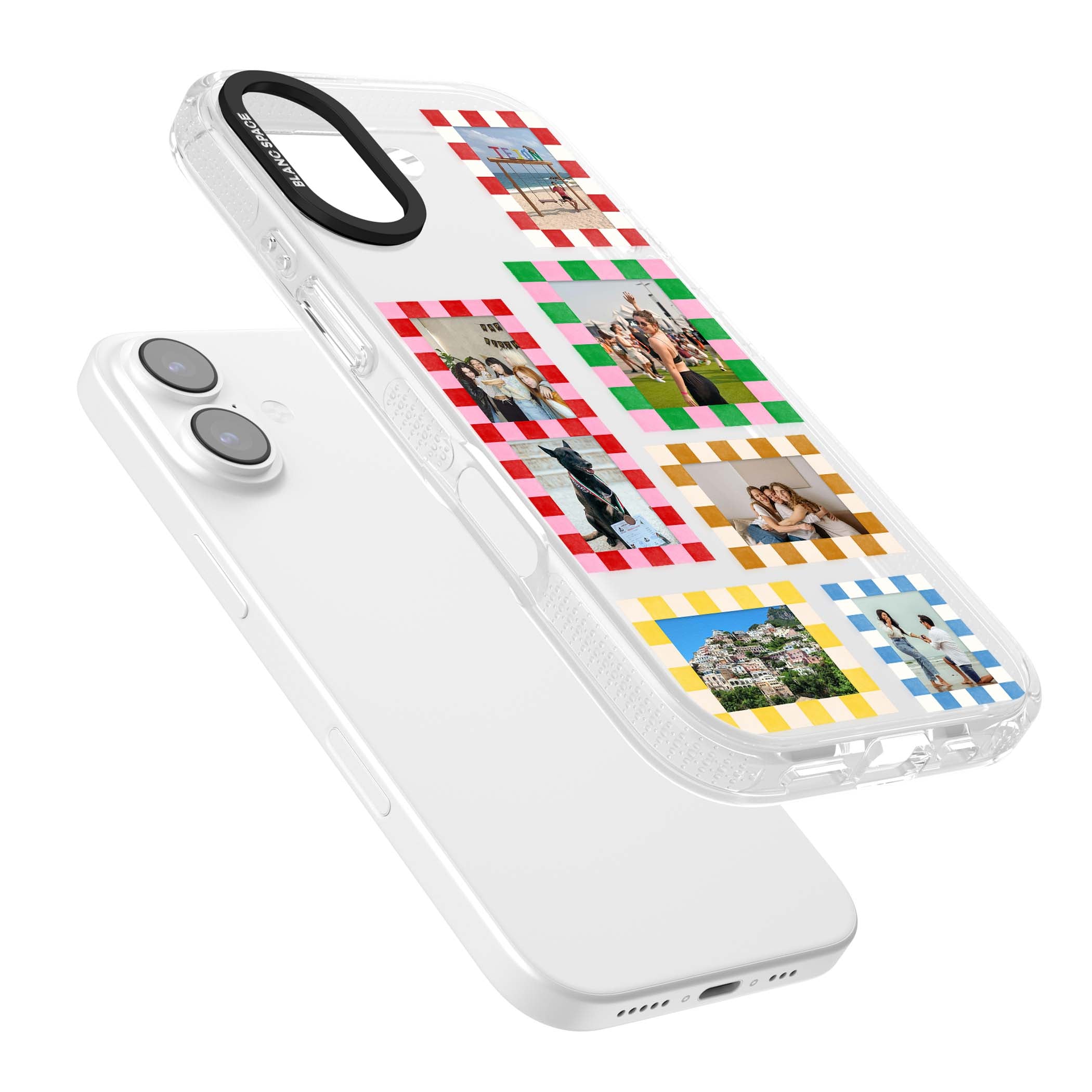 Italian Check Frames custom photo collage iPhone case featuring six checkered photo frames in red, green, pink and  | Clear Case Impact Air case for iPhone 17