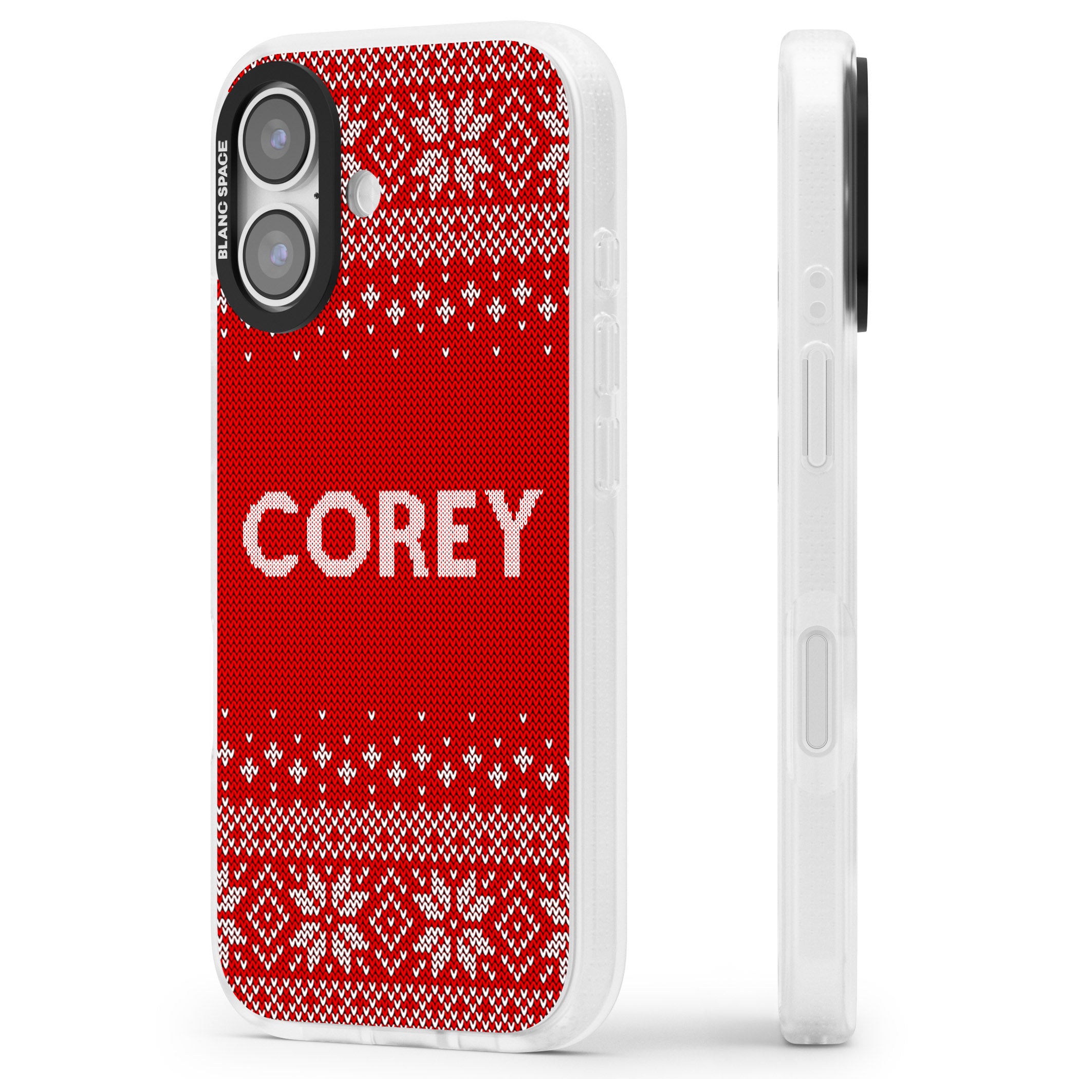 Personalised Red Christmas Knit iPhone 17 Impact Air Clear Phone Case Side Profile