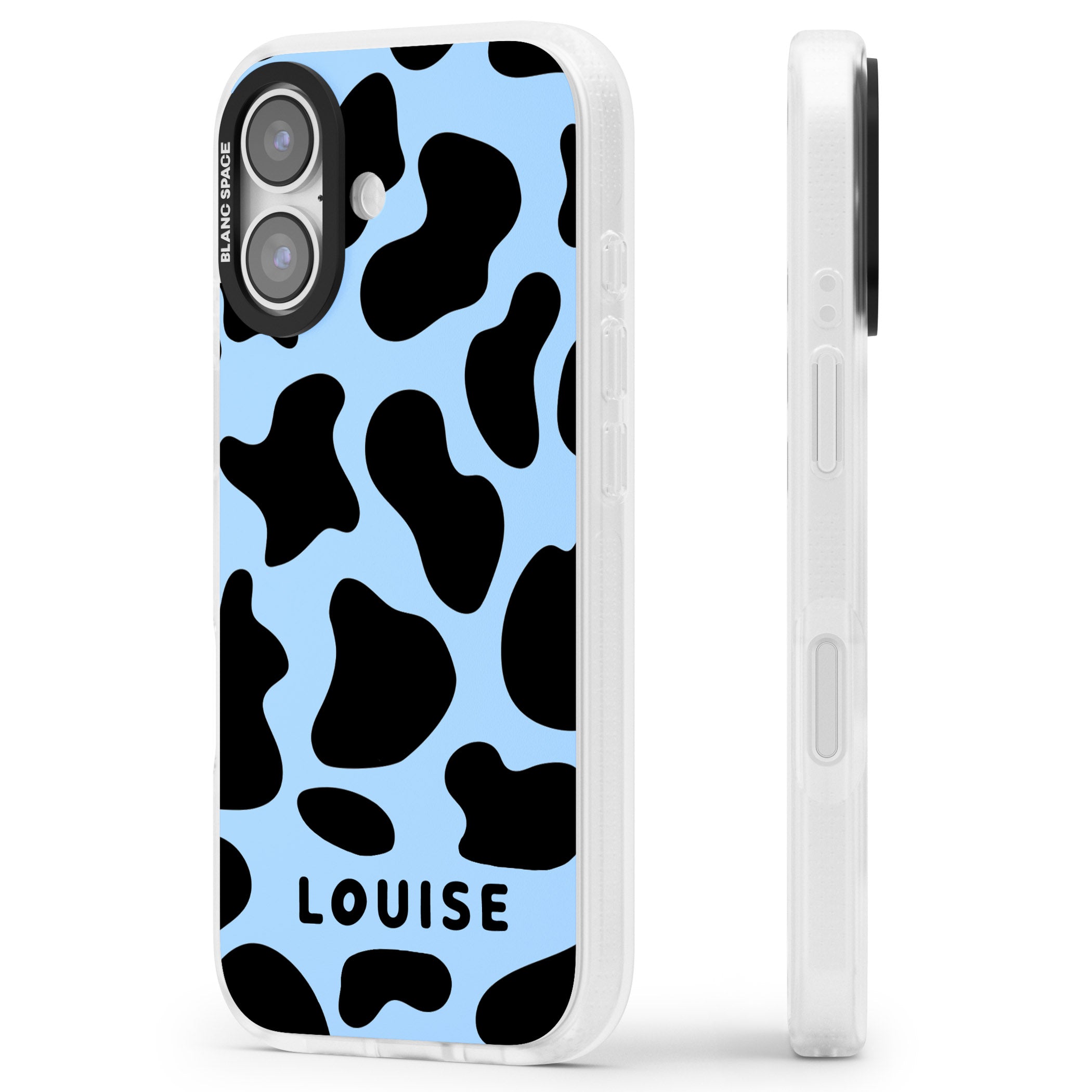Personalised Blue And Black Cow Print iPhone 17 Impact Air Clear Phone Case Side Profile