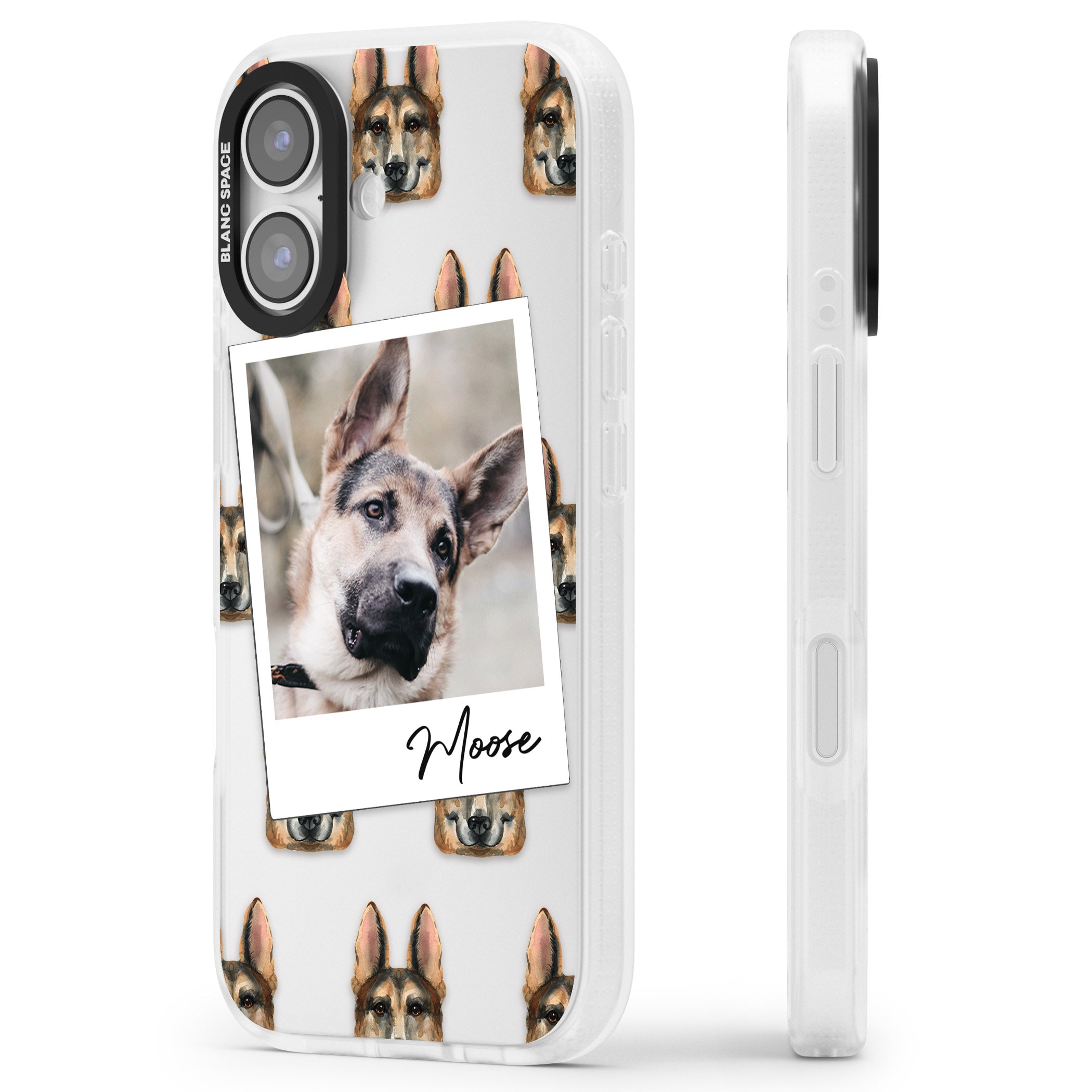 Personalised German Shepherd Instant Camera Photo iPhone 17 Impact Air Clear Phone Case Side Profile