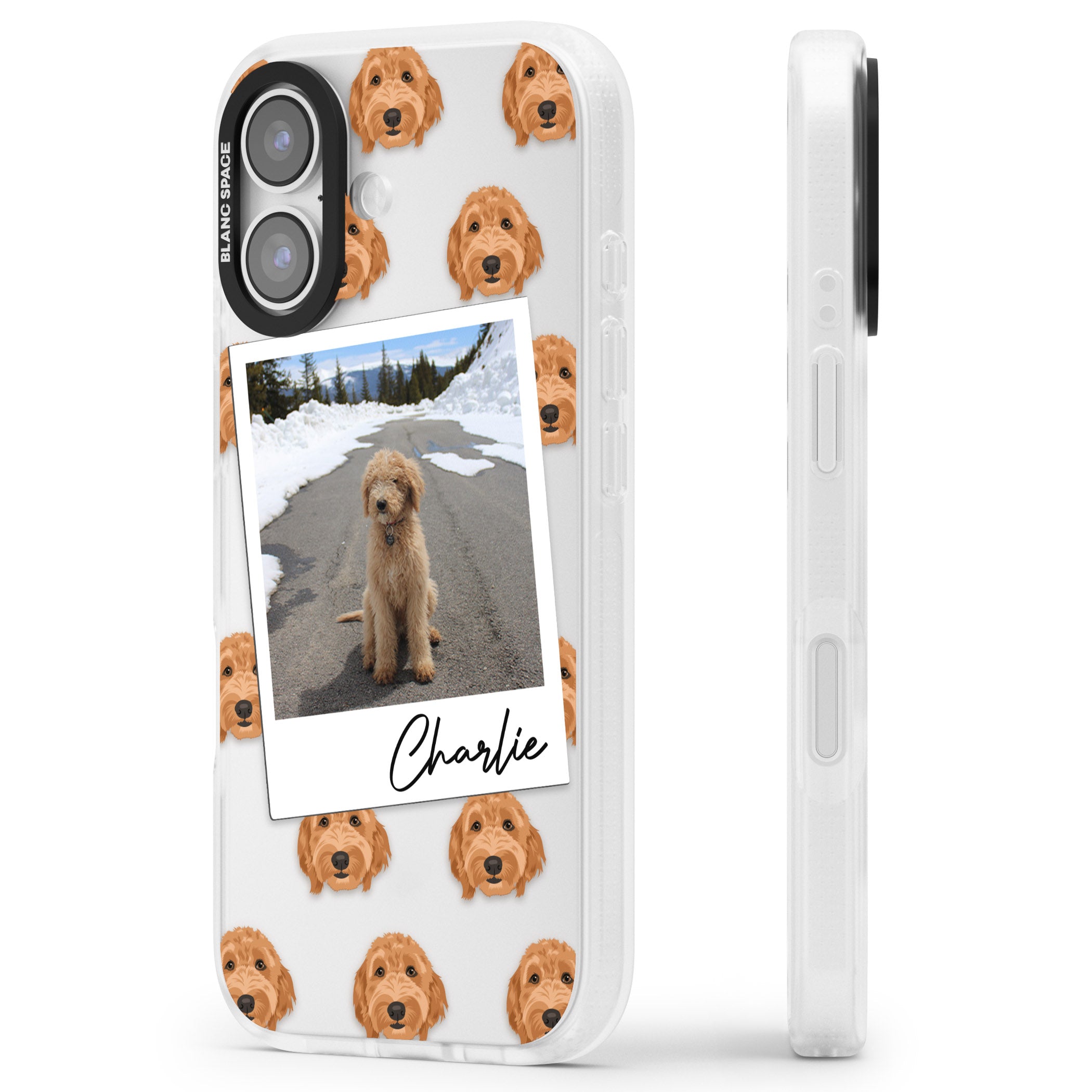 Personalised Golden Doodle Dog Photo iPhone 17 Impact Air Clear Phone Case Side Profile