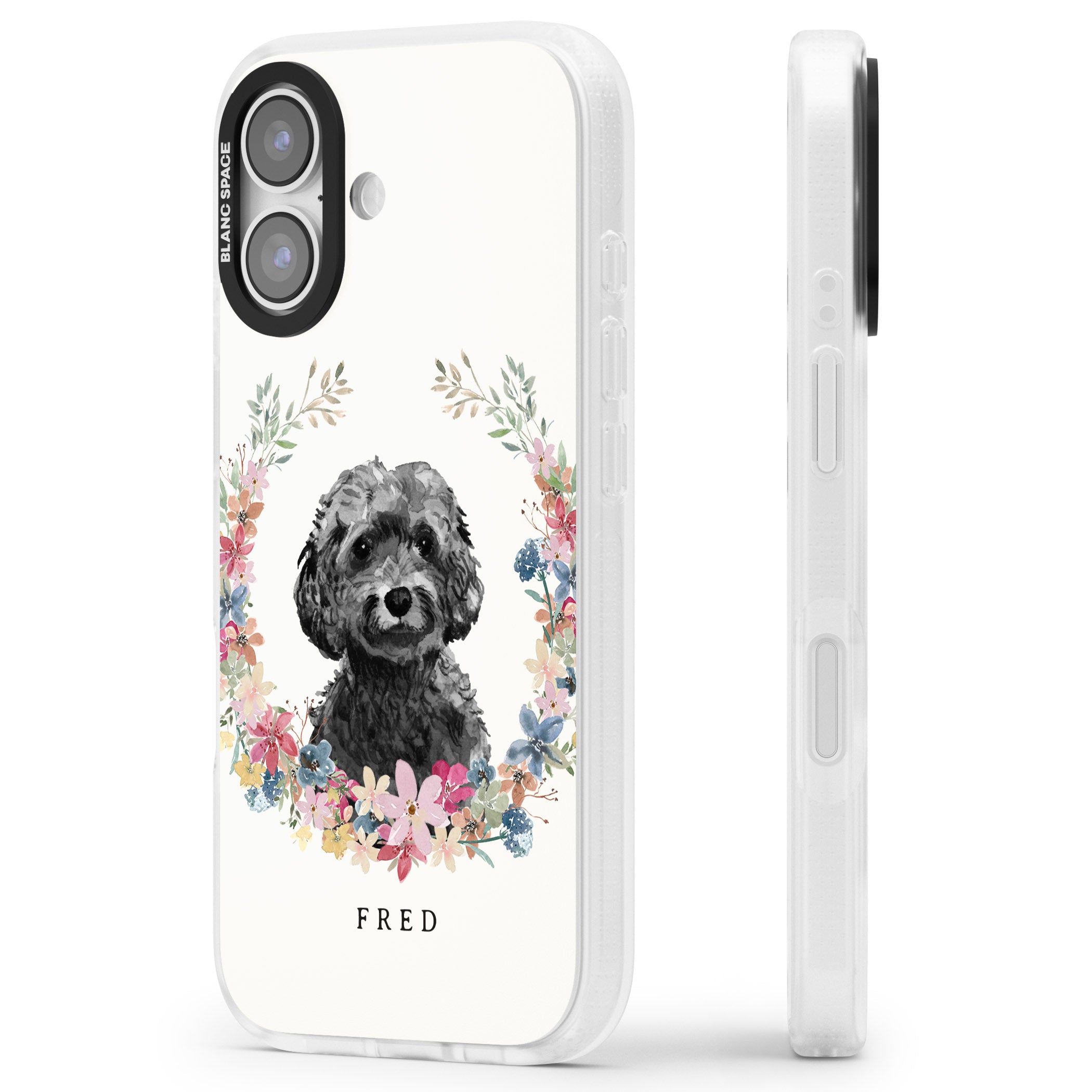 Personalised Black Cockapoo Floral Portrait iPhone 17 Impact Air Clear Phone Case Side Profile