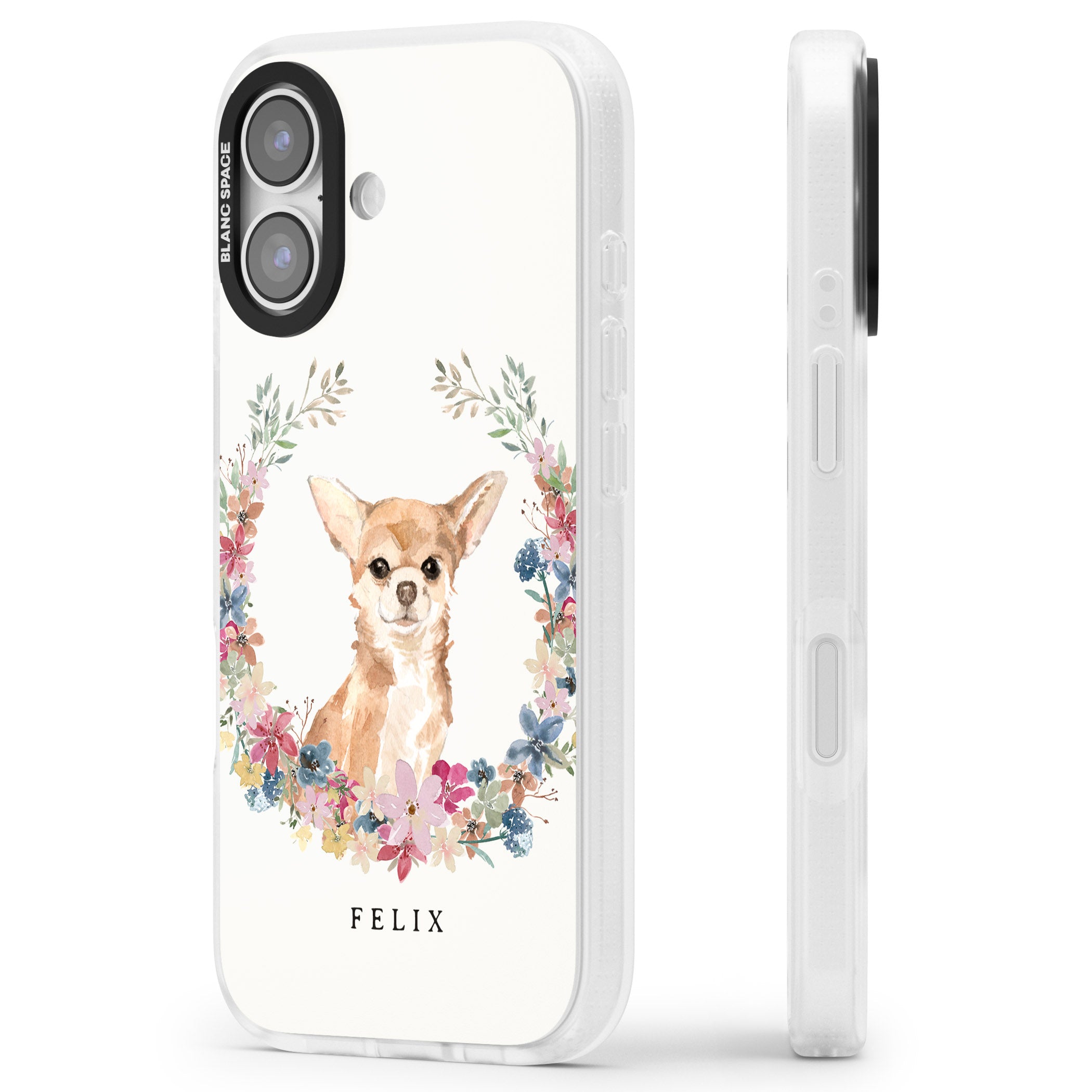 Personalised Chihuahua Floral Portrait iPhone 17 Impact Air Clear Phone Case Side Profile