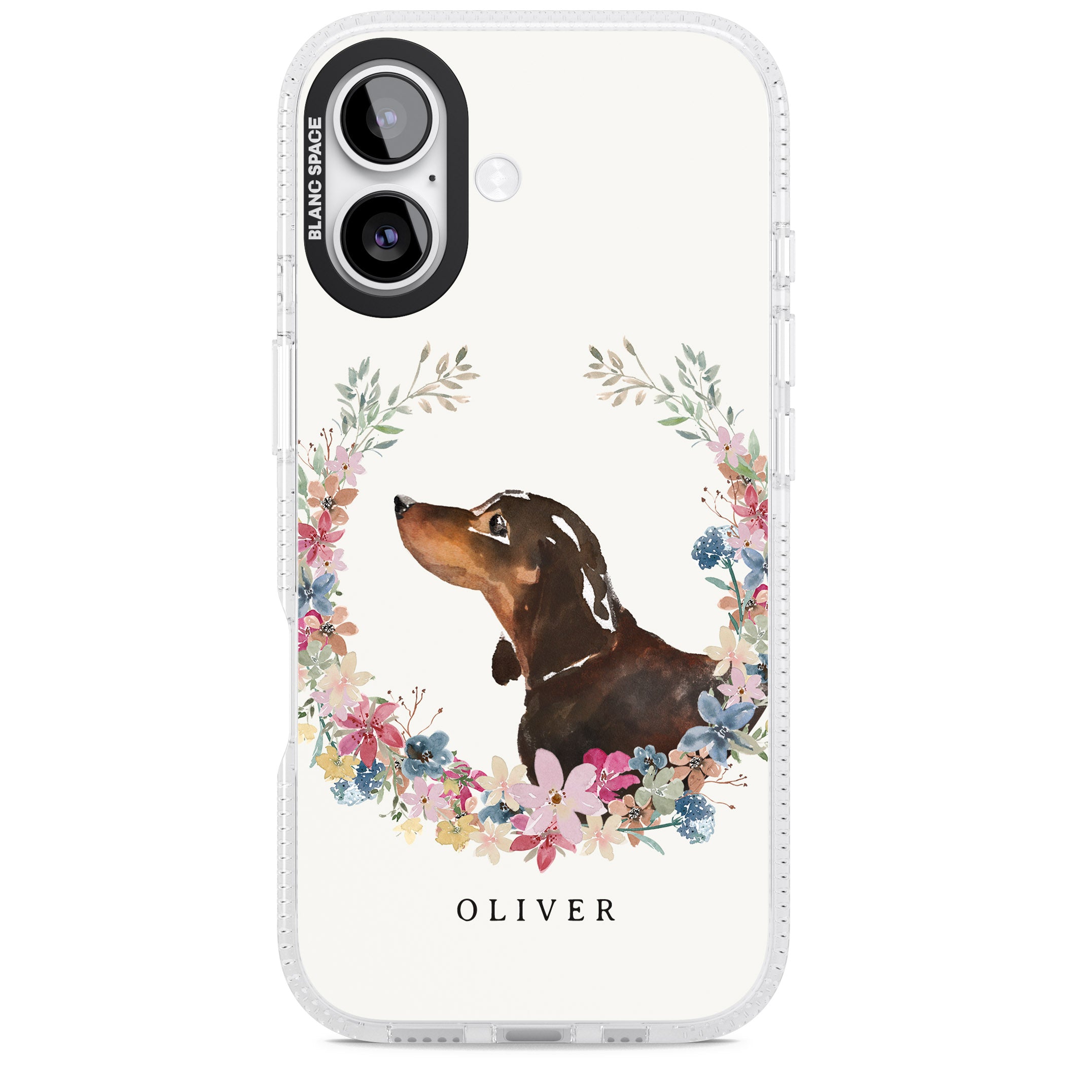 Personalised Black & Tan Dachshund Floral Portrait iPhone 17 Impact Air Clear Phone Case