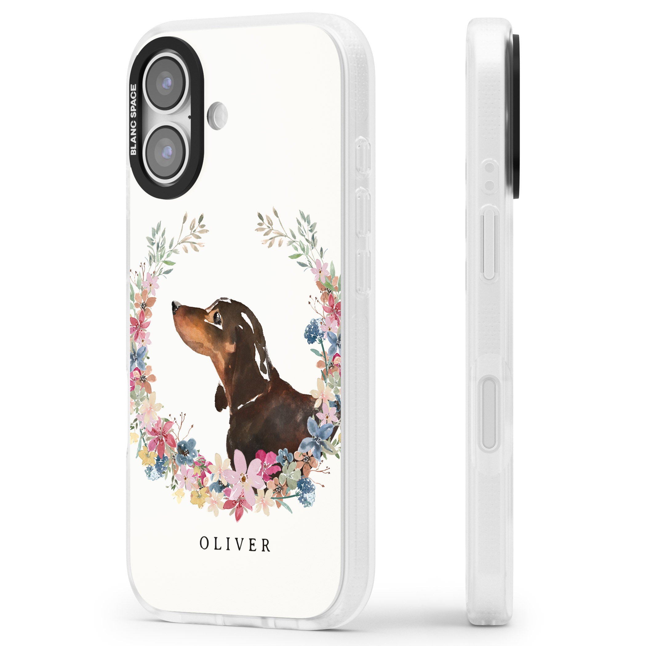 Personalised Black & Tan Dachshund Floral Portrait iPhone 17 Impact Air Clear Phone Case Side Profile