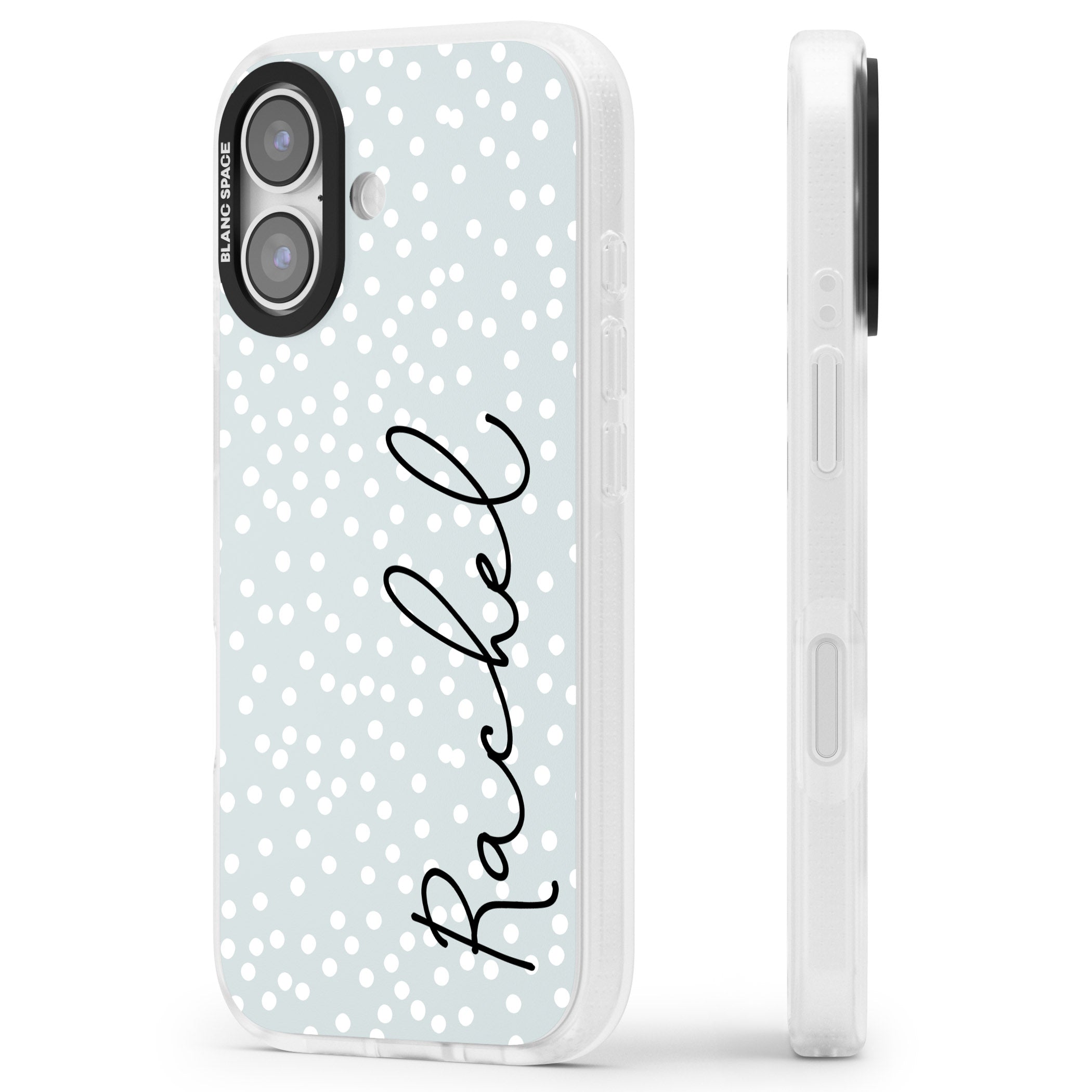 Personalised Vertical Cursive & Dots iPhone 17 Impact Air Clear Phone Case Side Profile