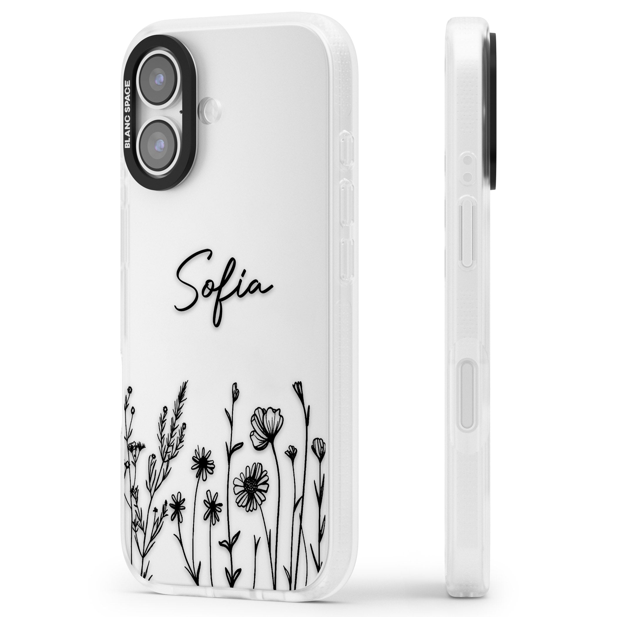 Personalised Black Wildflowers iPhone 17 Impact Air Clear Phone Case Side Profile