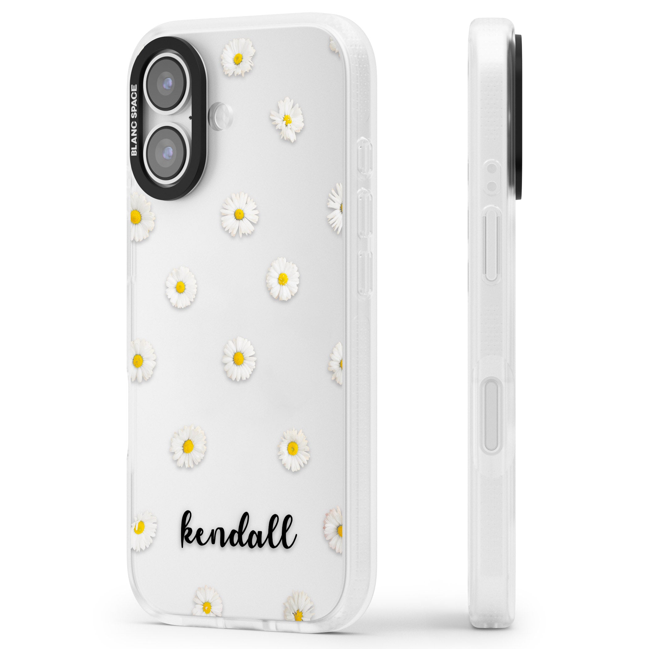 Personalised White Daisies & Cursive iPhone 17 Impact Air Clear Phone Case Side Profile