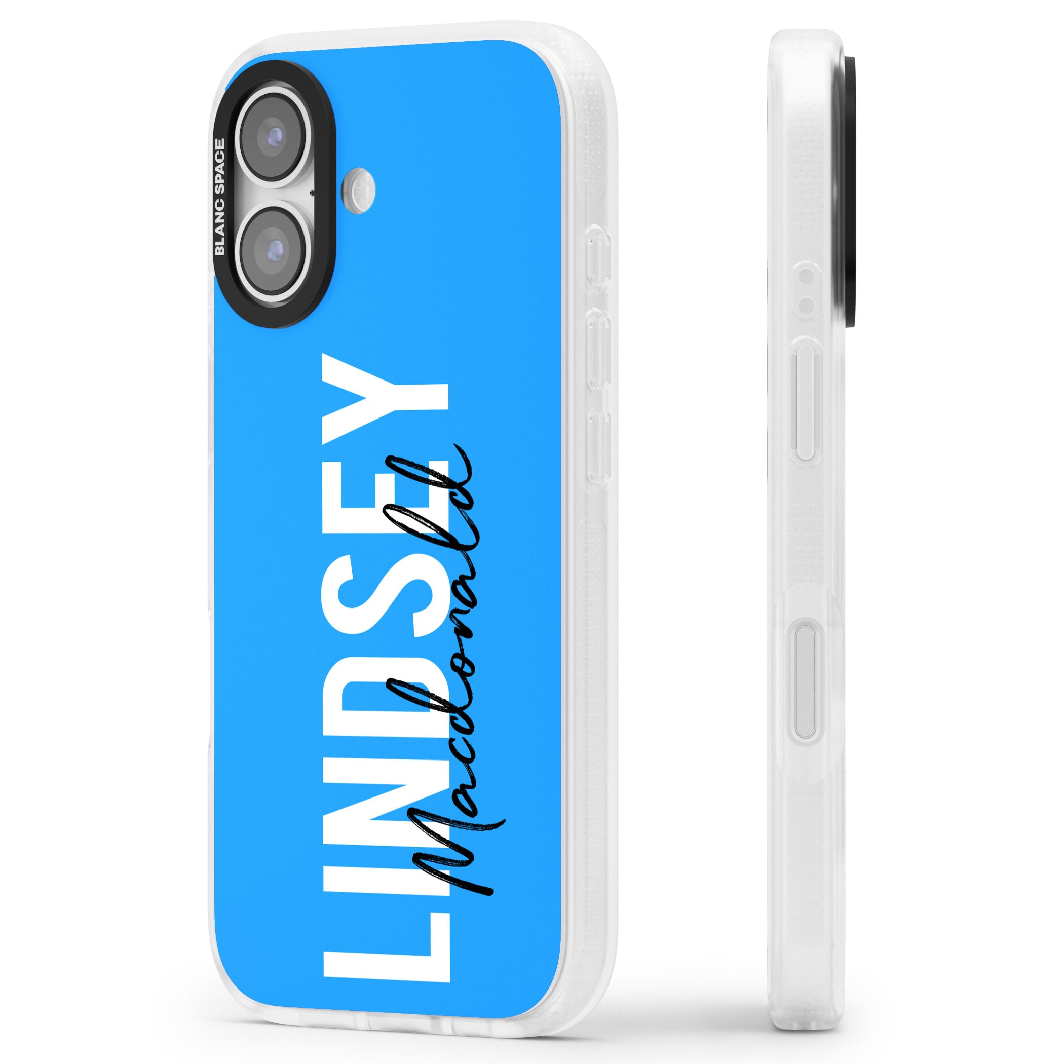 Personalised Bold Name: Blue iPhone 17 Impact Air Clear Phone Case Side Profile