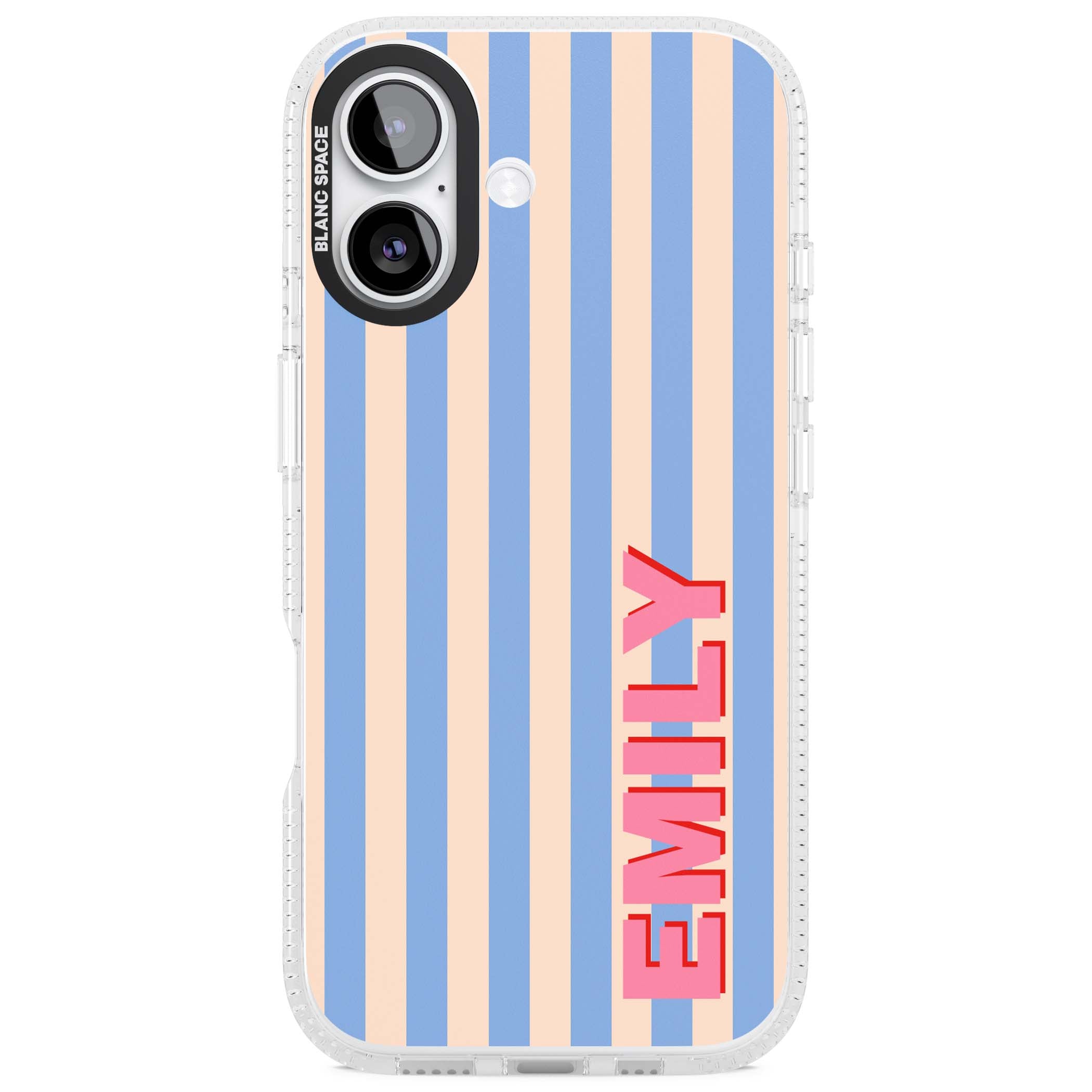 Coastal Stripe personalised coastal iPhone case with blue and peach vertical stripes and custom pink name | Clear Case Impact Air case for iPhone 17