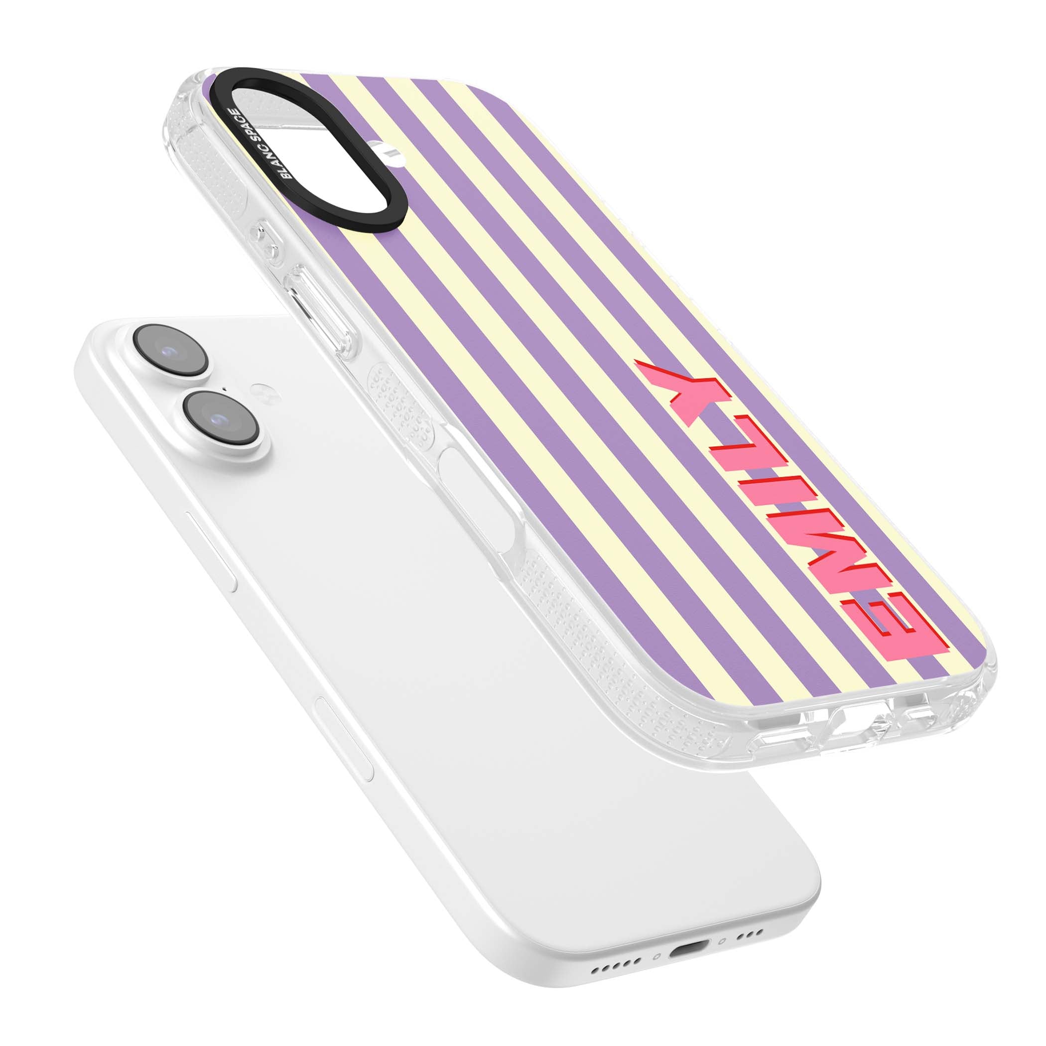 Valensole Stripe personalised iPhone case with purple and cream vertical stripes and pink custom name | Clear Case Impact Air case for iPhone 17